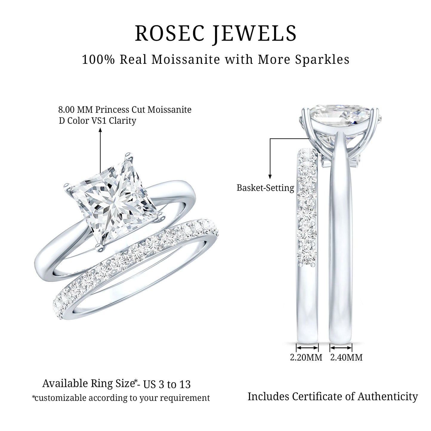 Certified 3 Carat Princess Cut Moissanite Engagement Ring with Wedding Band