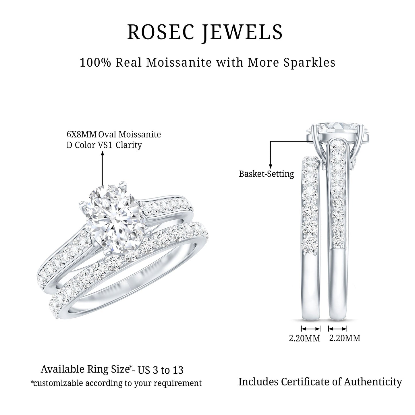 Certified Moissanite Oval Engagement Ring Set