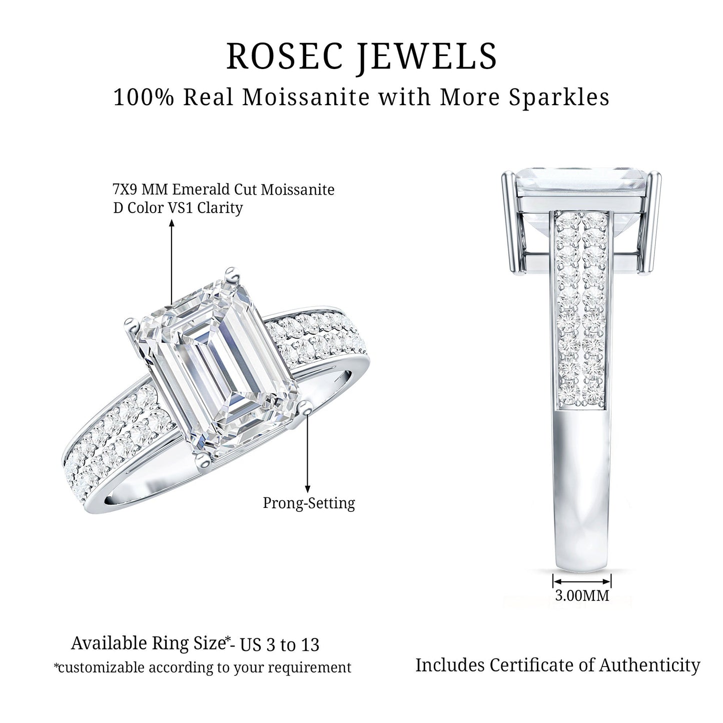 Emerald Cut Moissanite Big Engagement Ring