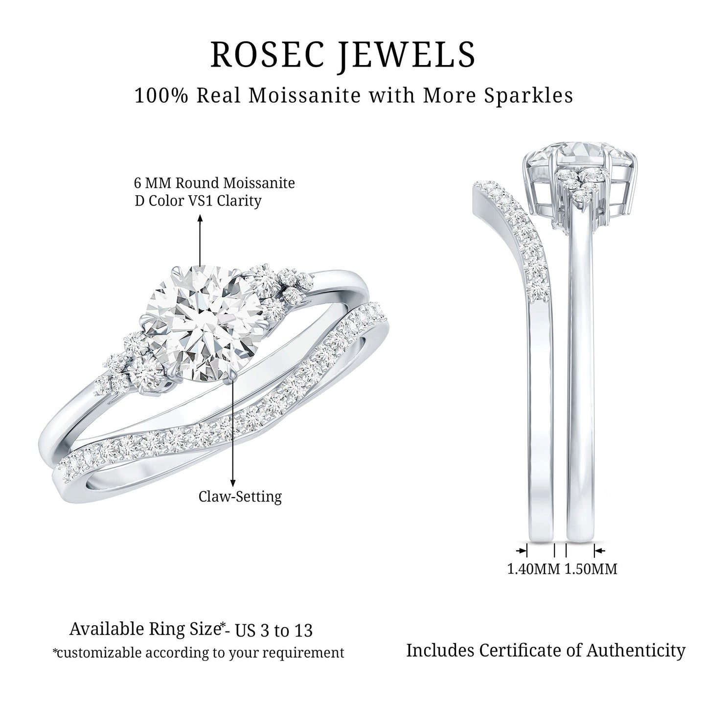 0.9 Carat Round Cut Moissanite Wedding Ring Set For Bride