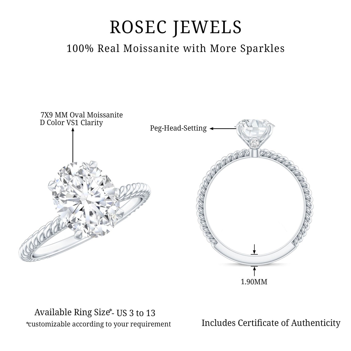 Oval Shape Moissanite Solitaire Engagement Ring with Twisted Rope