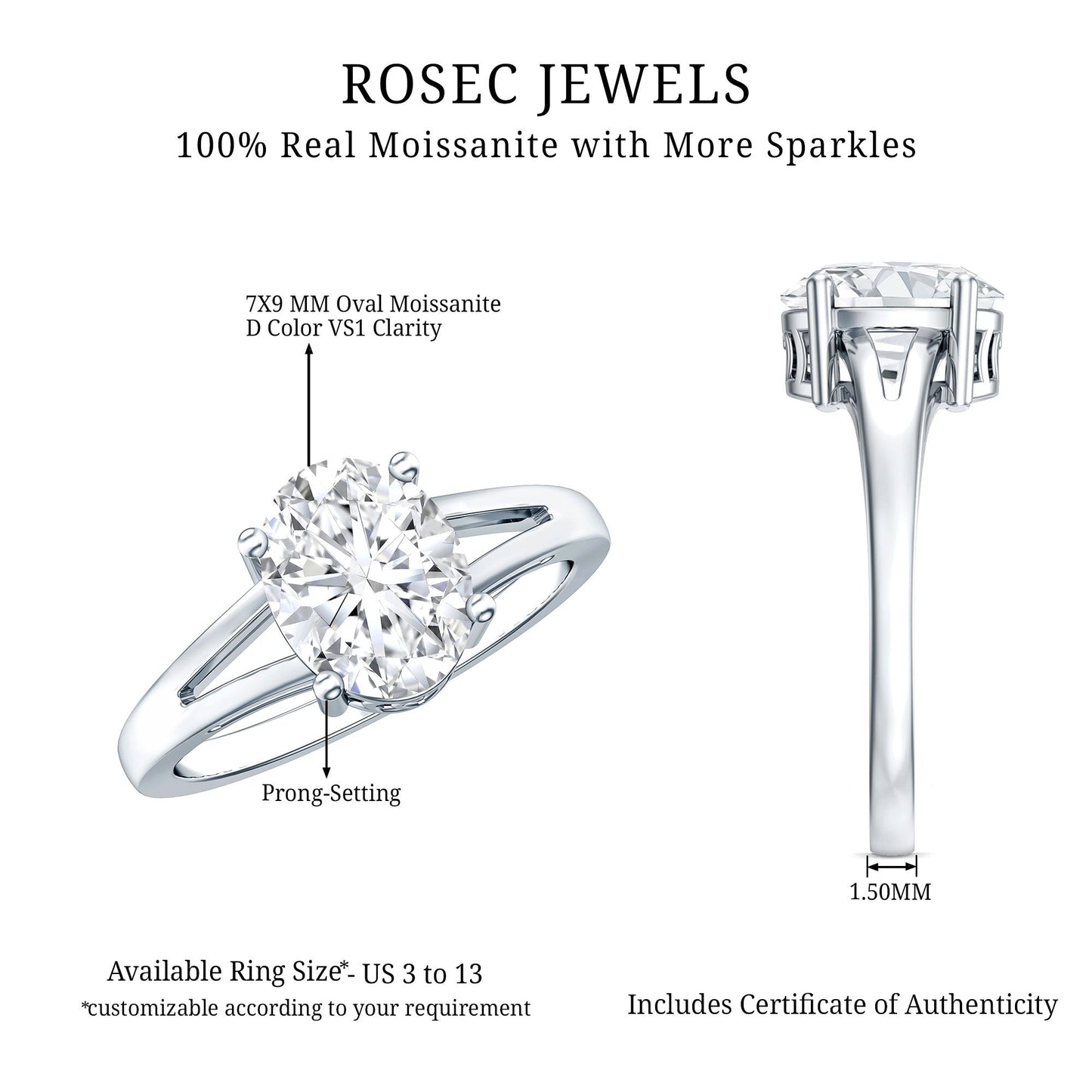Solitaire Oval Cut Moissanite Split Shank Engagement Ring