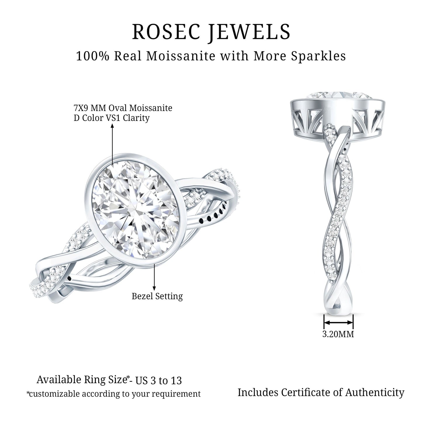 Brilliant Cut Moissanite Bezel Set Engagement Ring in Braided Shank