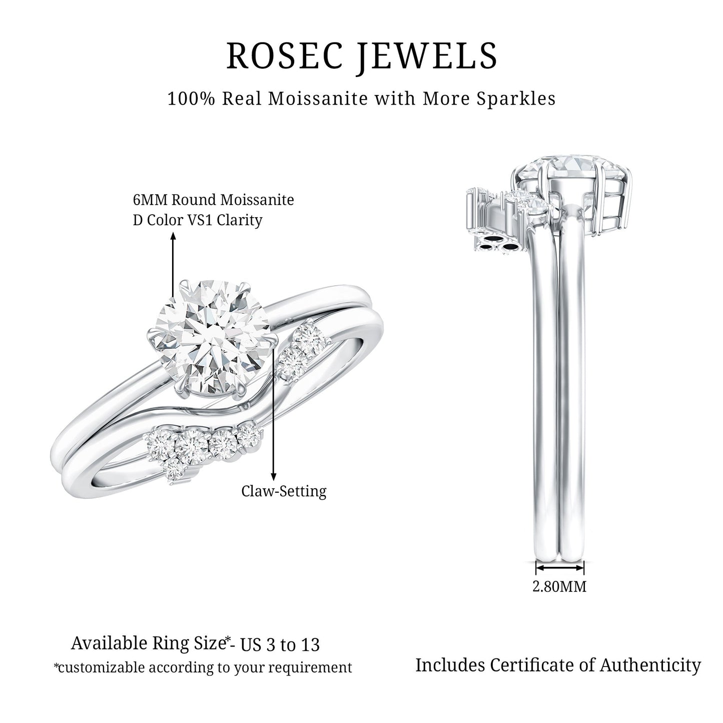 Solitaire Moissanite Wedding Ring Set for Her