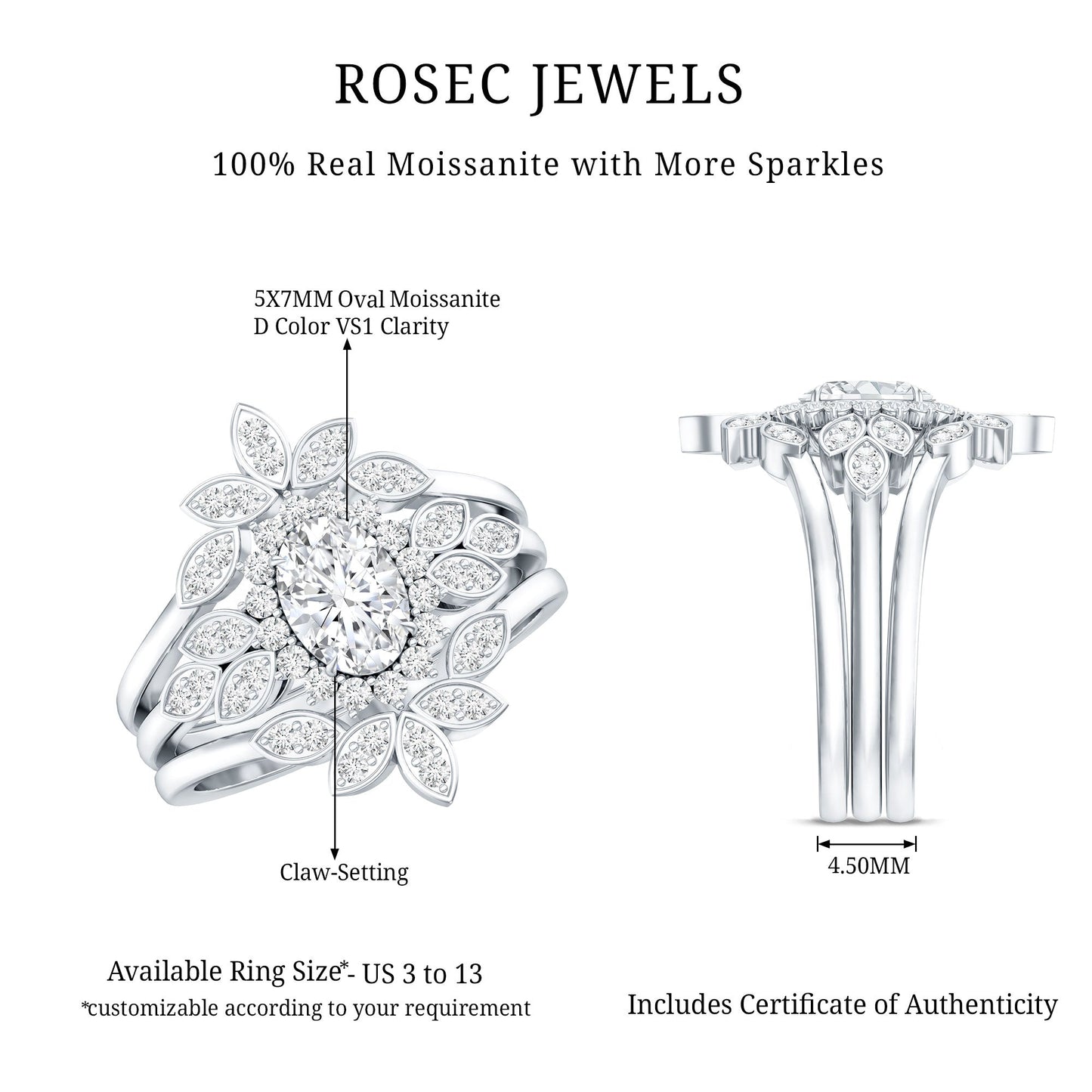 Vintage Inspired Moissanite Wedding Ring Set of 3