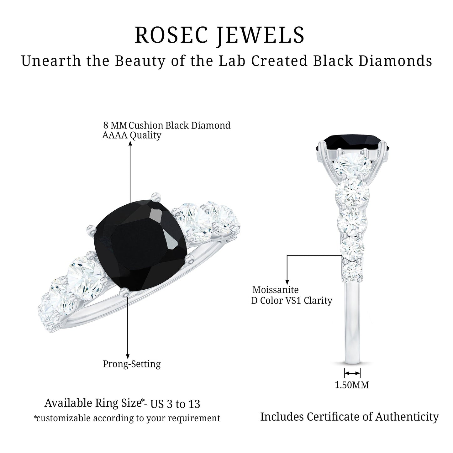 Certified 2.8 Carat Lab Grown Black Diamond Cushion Cut Engagement Ring with Side Stones