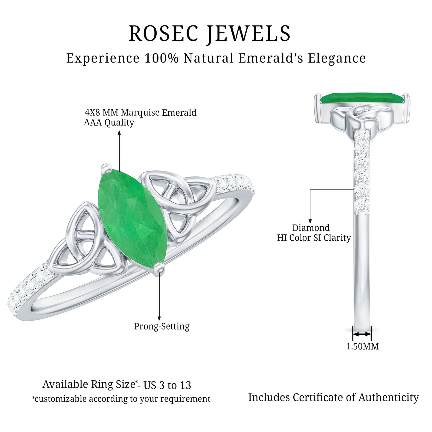 Natural Marquise Emerald Diamond Promise Ring with Celtic Knot