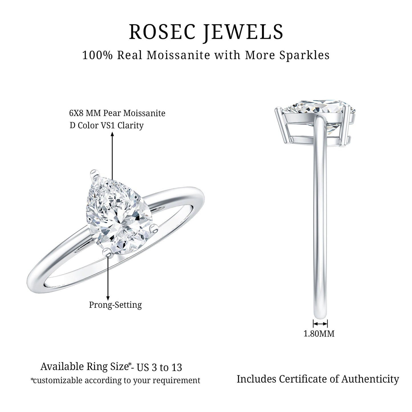 Solitaire Moissanite Teardrop Engagement Ring for Women