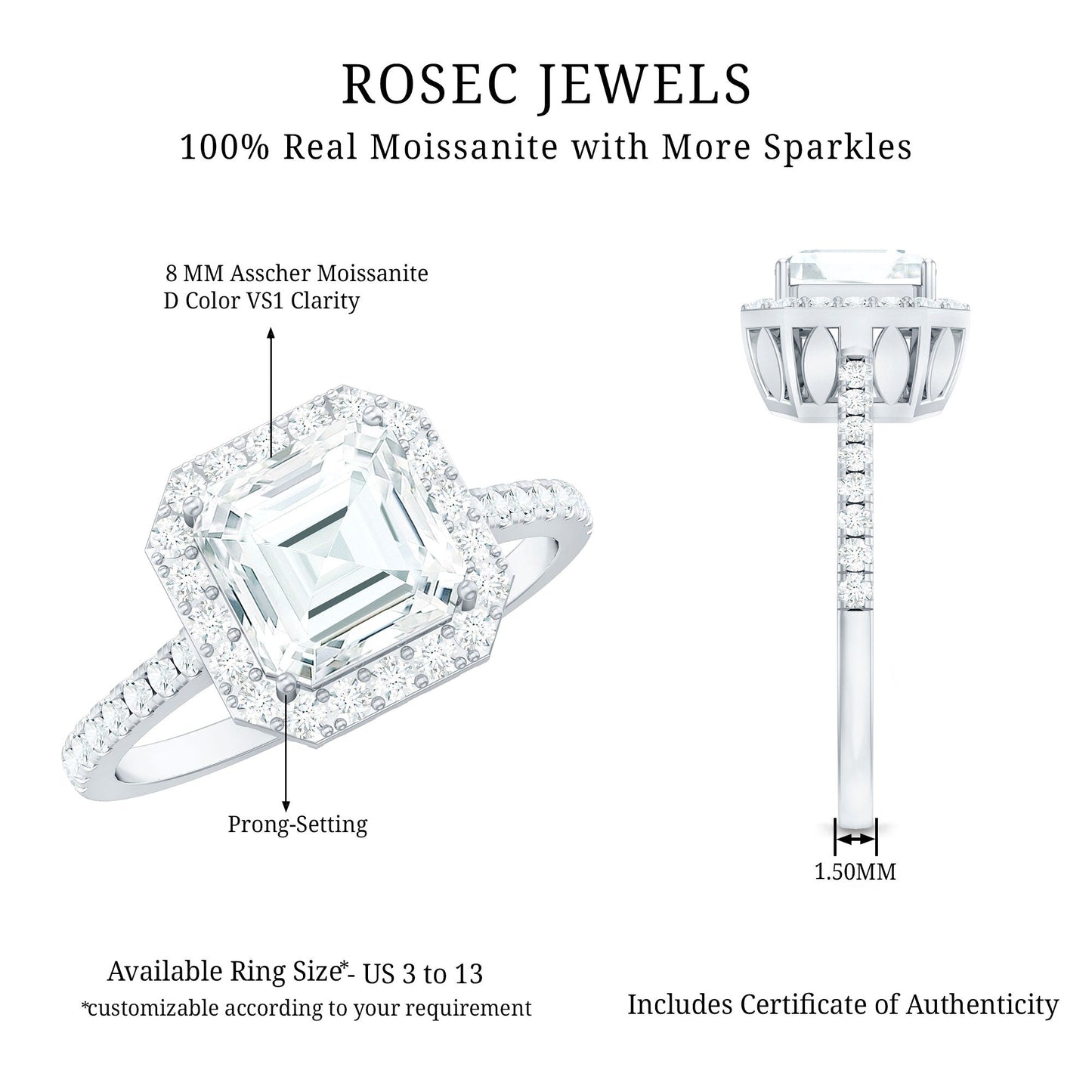 Certified Asscher Cut Moissanite Halo Engagement Ring for Women