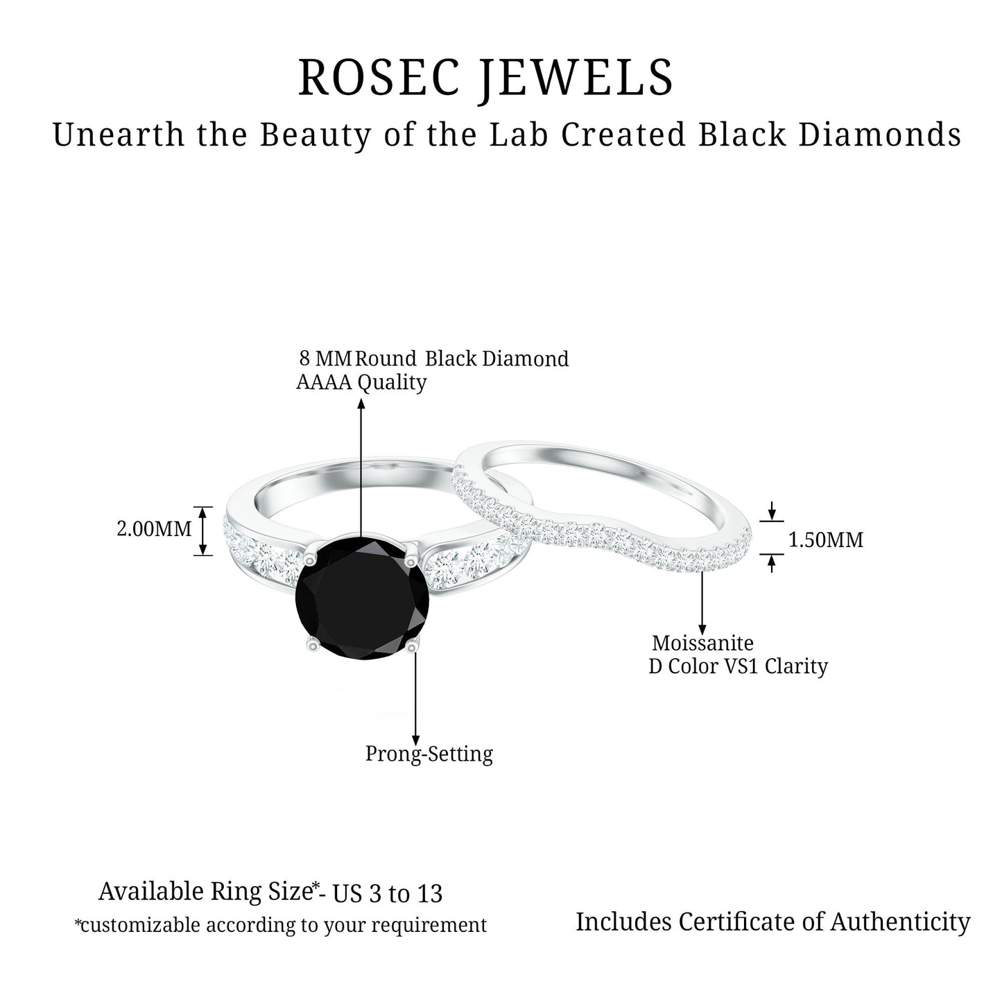 2 Carat Lab Grown Black Diamond Engagement Ring with Moissanite Enhancer