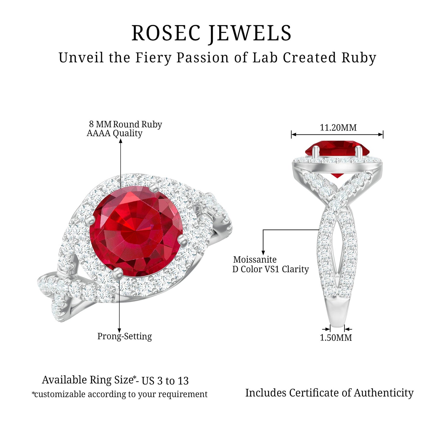 Round Created Ruby Crossover Engagement Ring With Moissanite