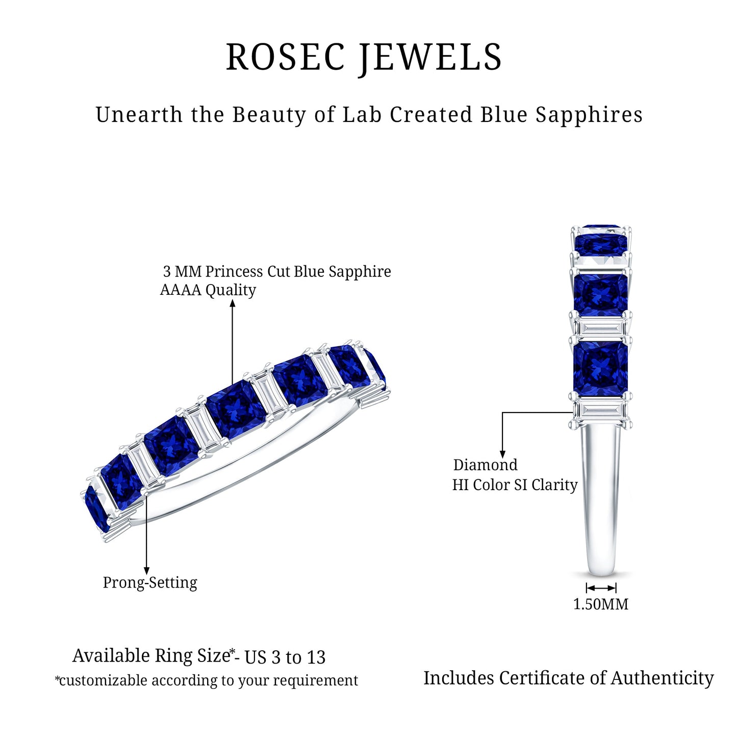 Princess Cut Lab Grown Blue Sapphire Half Eternity Ring with Diamond