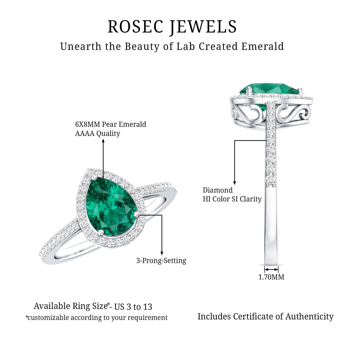 Certified Lab Grown Emerald Teardrop Engagement Ring with Diamond Halo