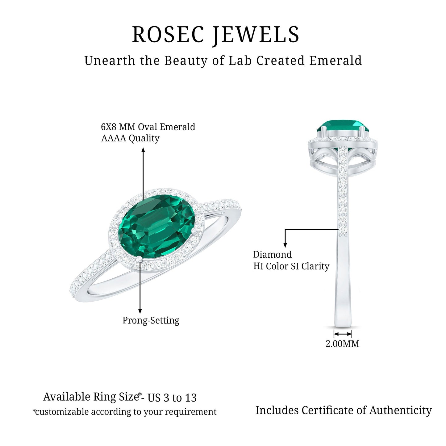 Certified Oval Lab Grown Emerald East West Engagement Ring with Diamond Halo