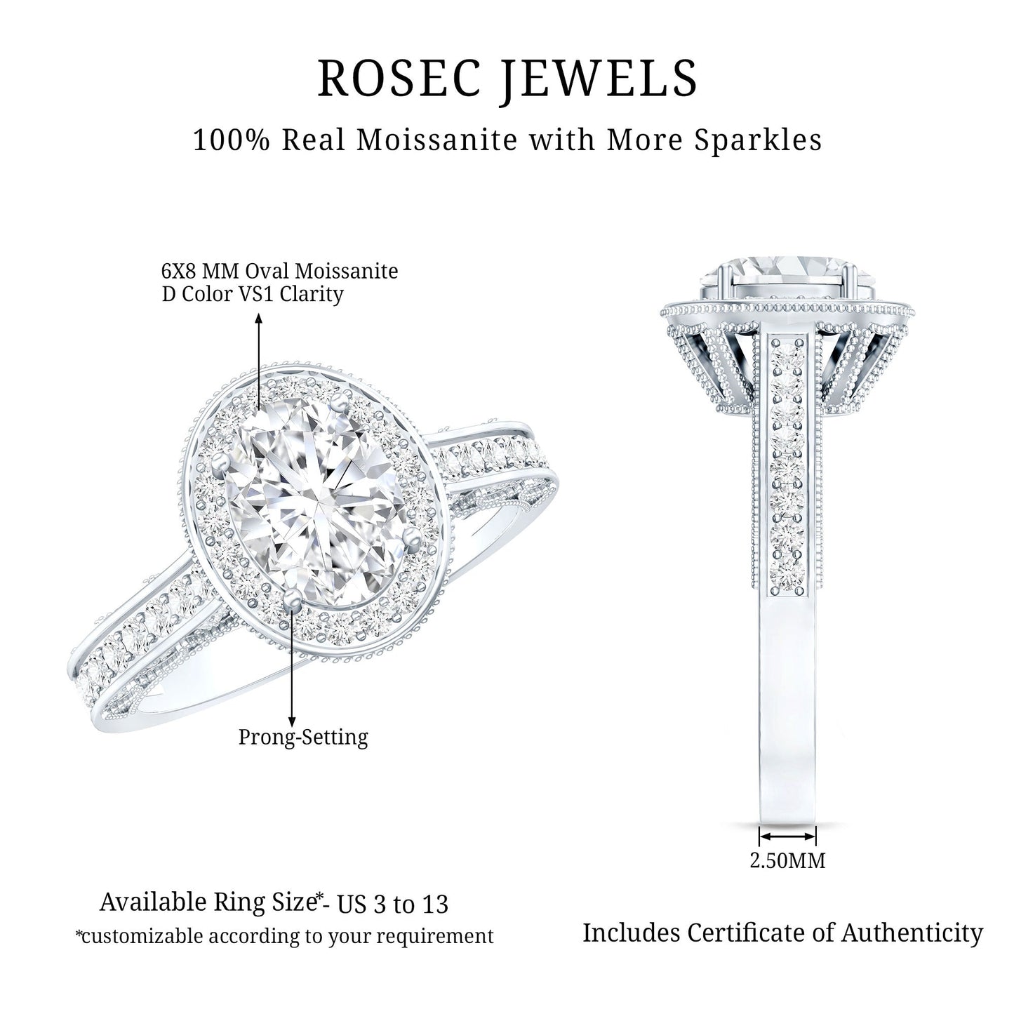 6X8 MM Oval Moissanite Victorian Engagement Ring with Halo