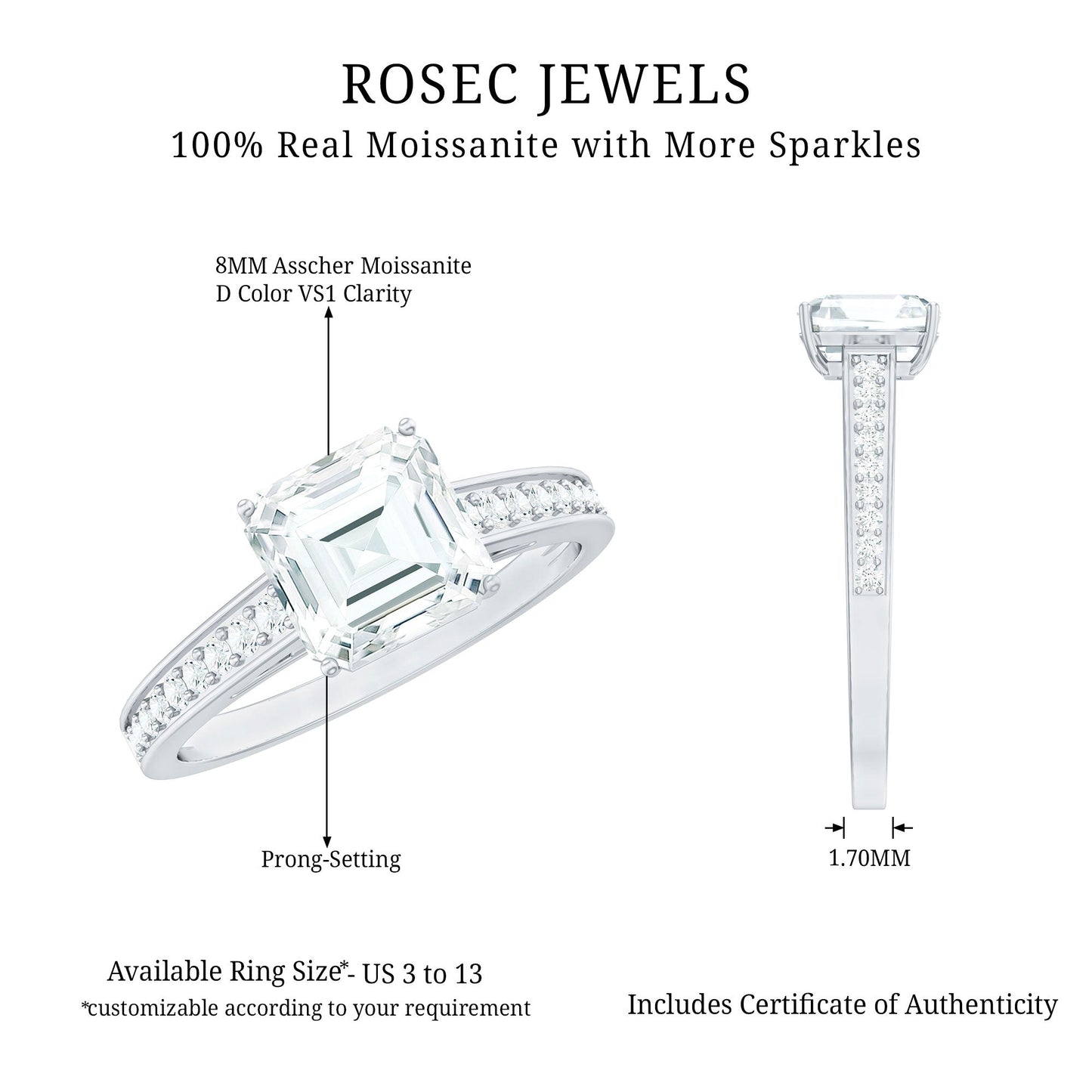 Asscher Cut 3 Carat Moissanite Solitaire Engagement Ring with Side Stones
