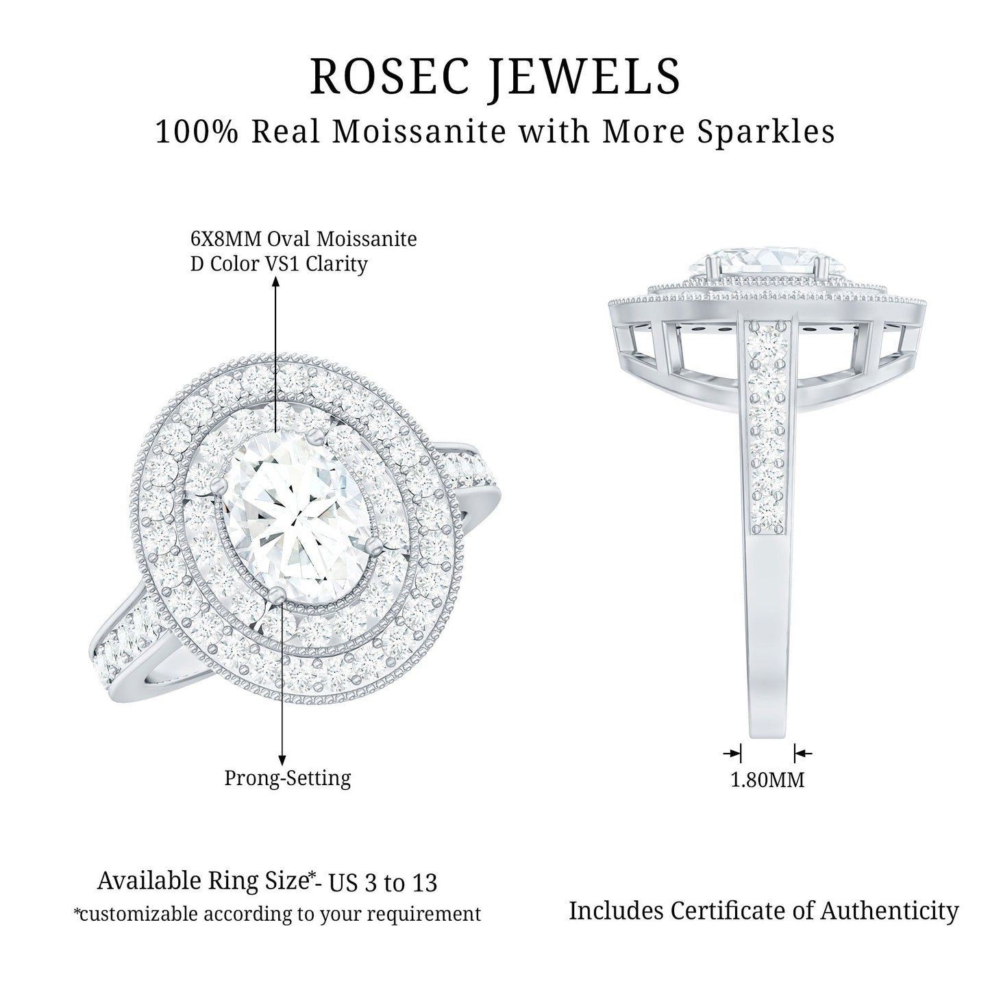 Milgrain Embellished Oval Moissanite Double Halo Engagement Ring
