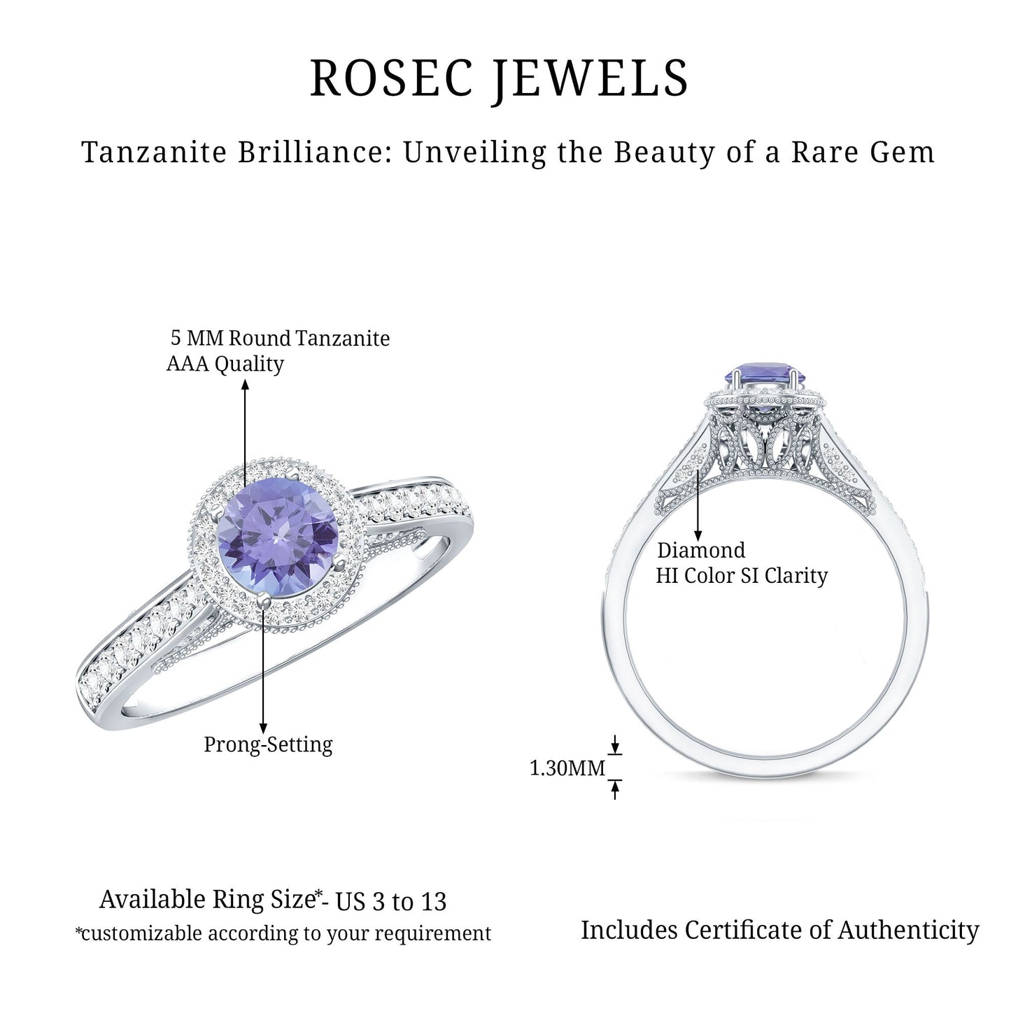 Vintage Style Tanzanite Engagement Ring with Diamond Halo