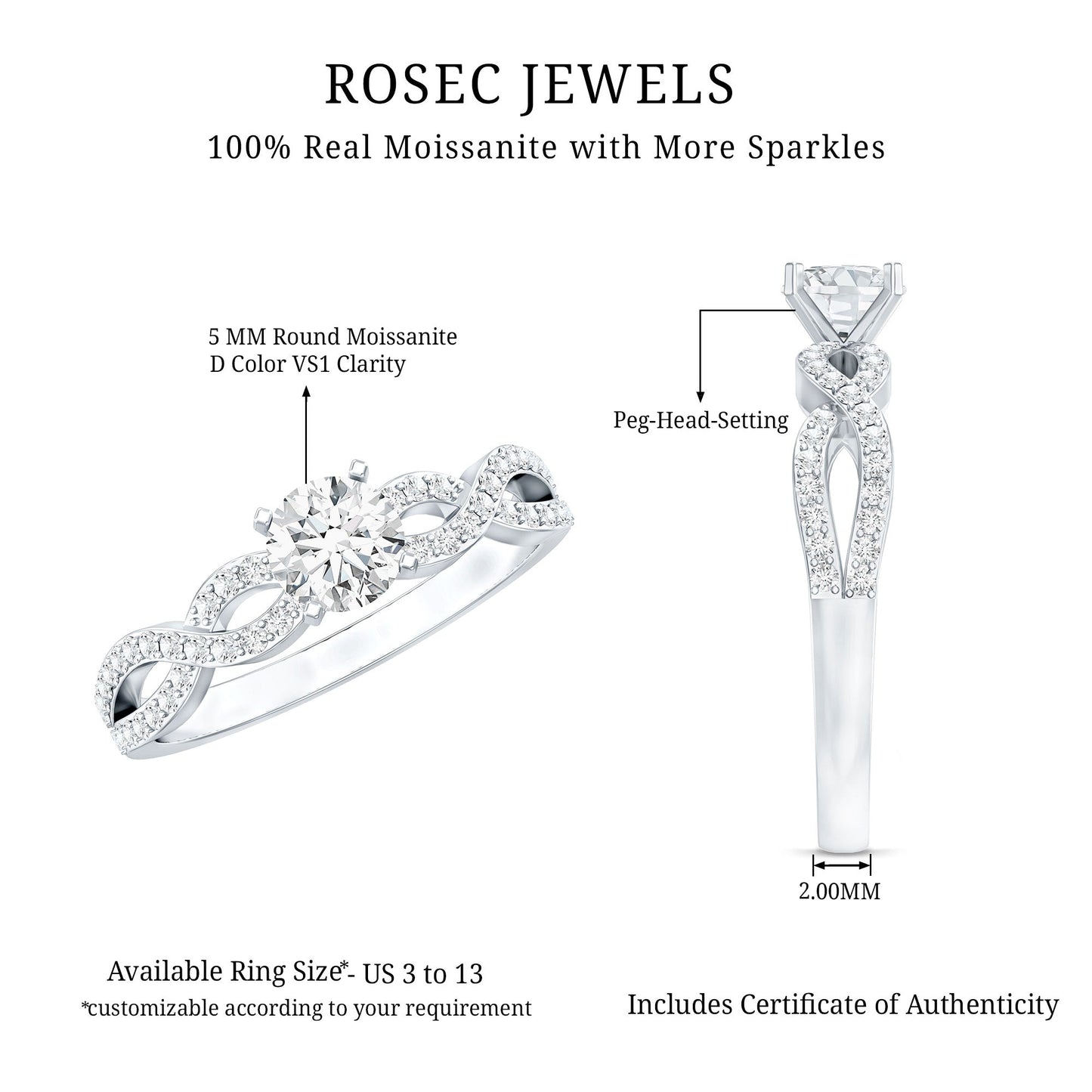 0.5 Carat Round Shape Moissanite Crossover Infinity Ring