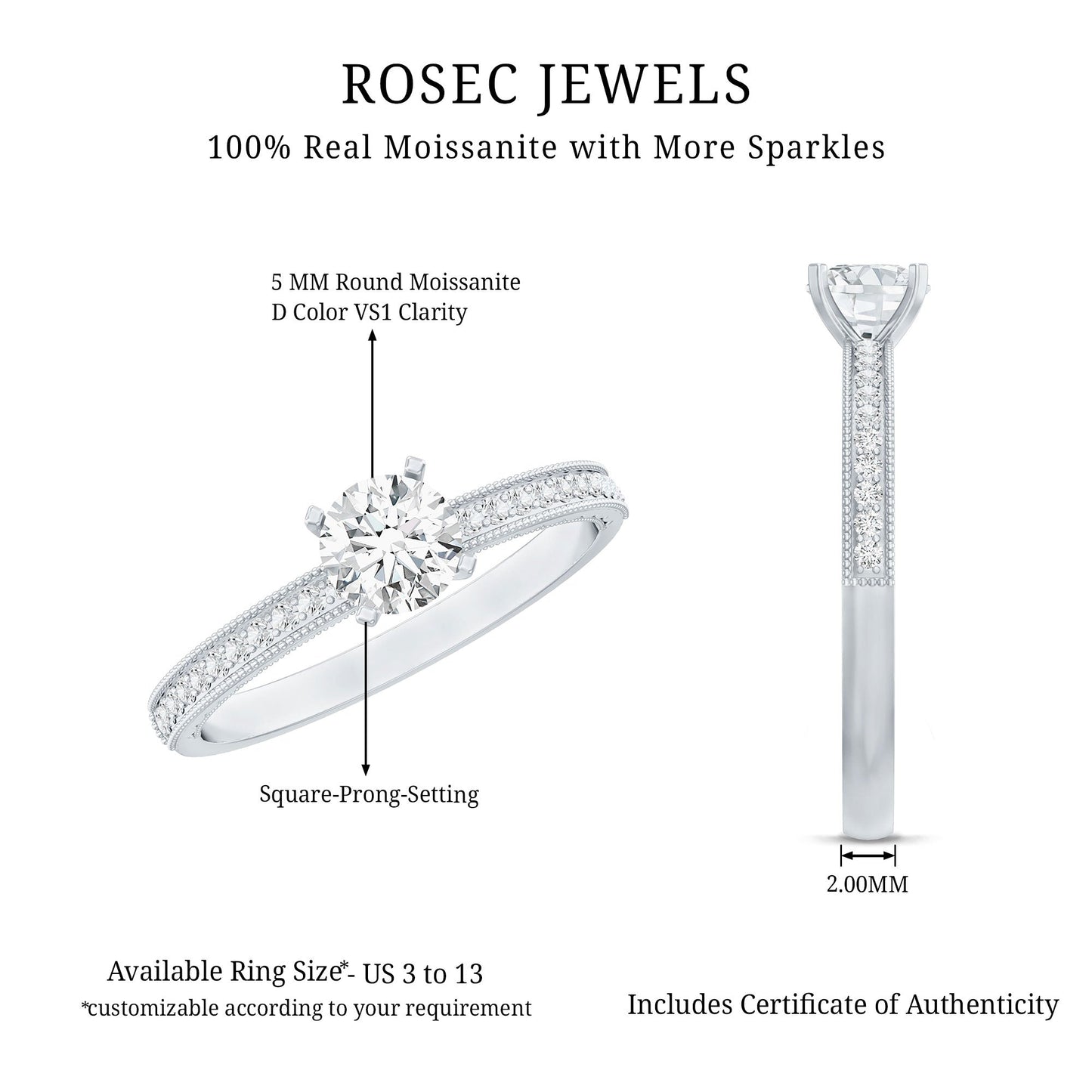 0.5 Carat Moissanite Solitaire Engagement Ring with Milgrain