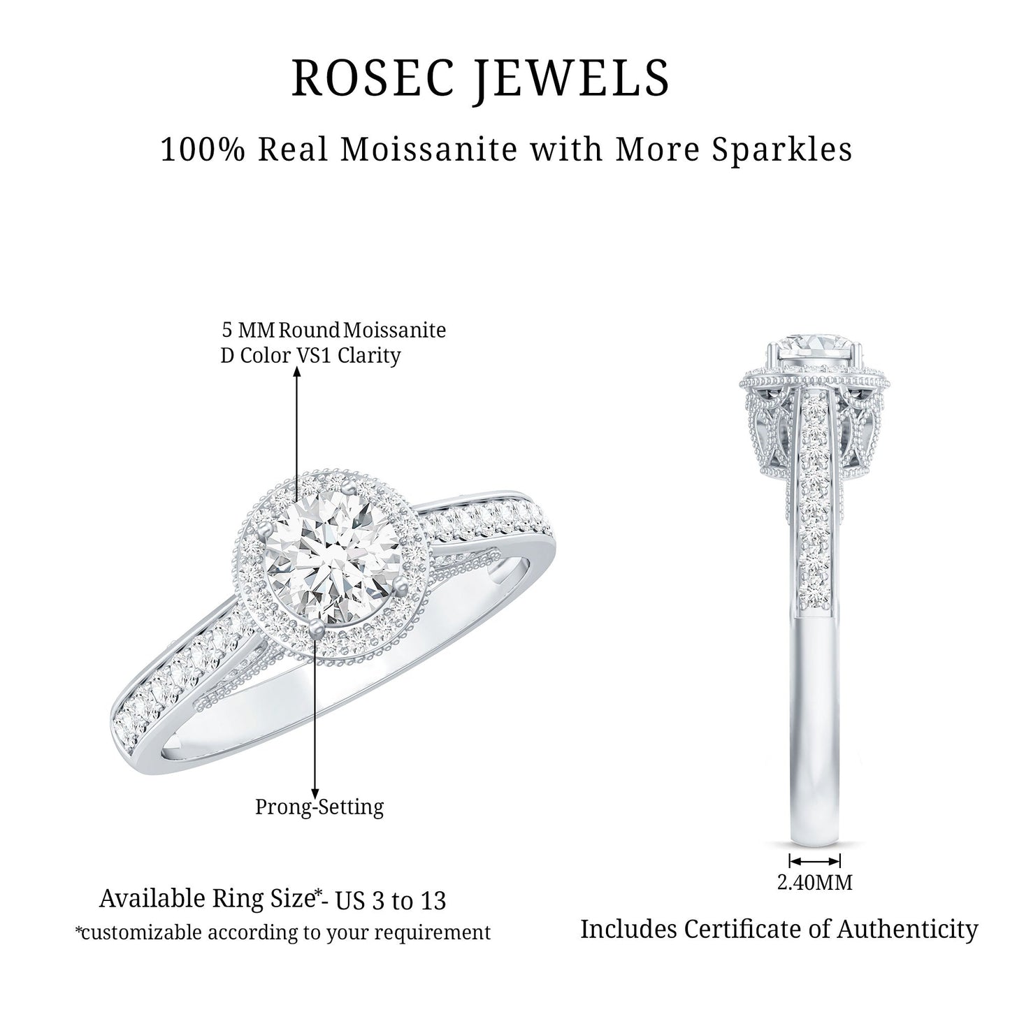 Certified Round Moissanite Halo Engagement Ring for Women