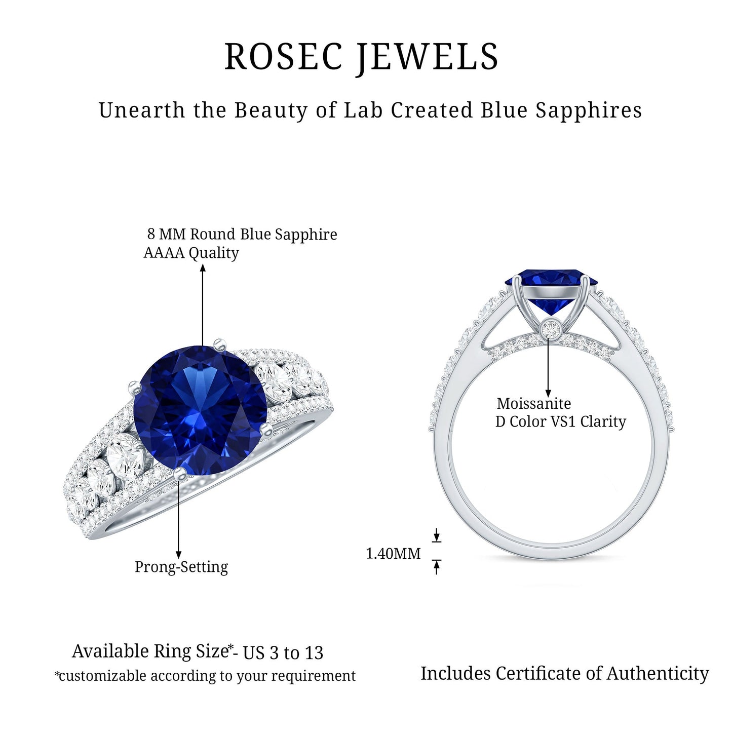Solitaire Created Blue Sapphire Statement Engagement Ring with Moissanite