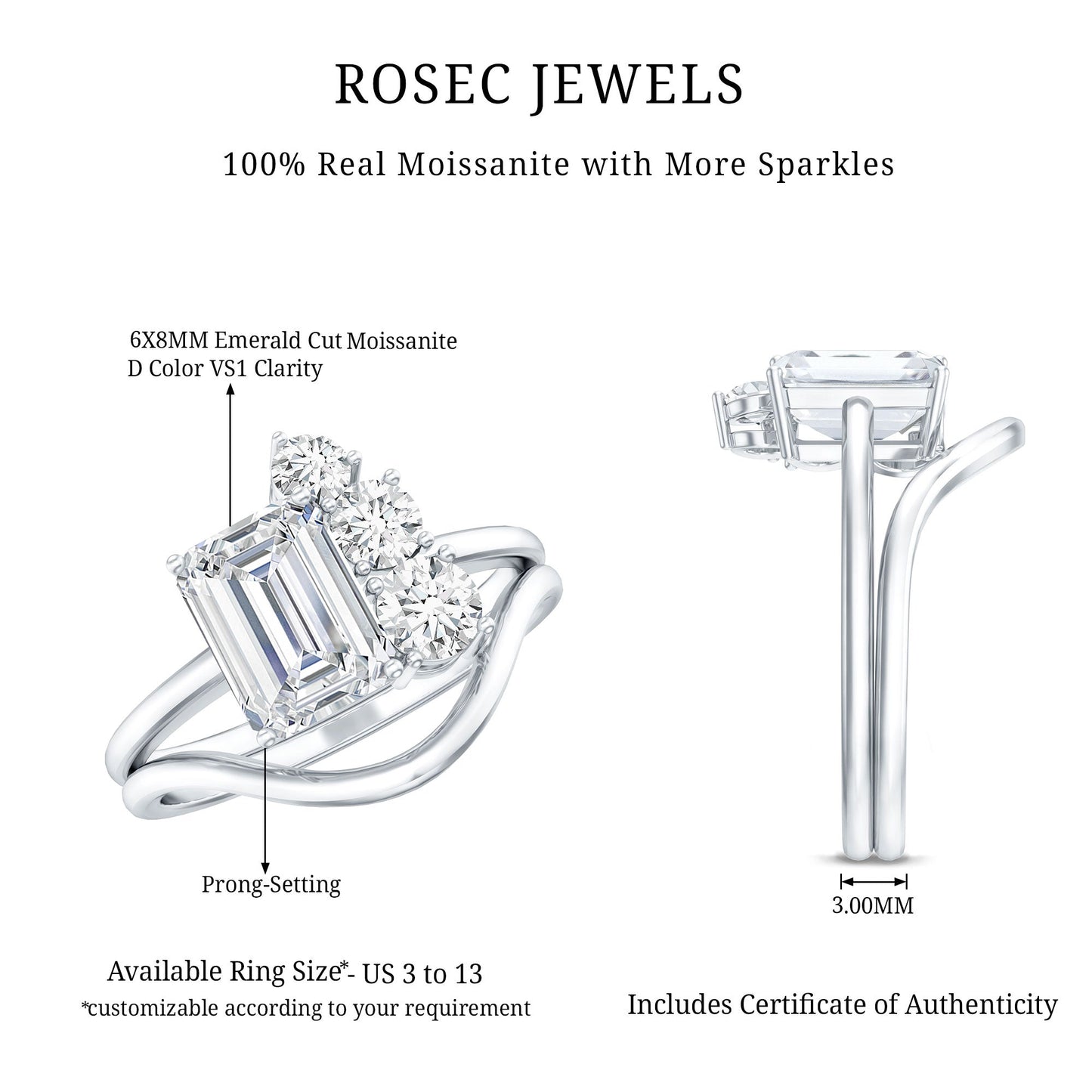 Emerald Cut Moissanite Engagement Ring with Enhancer