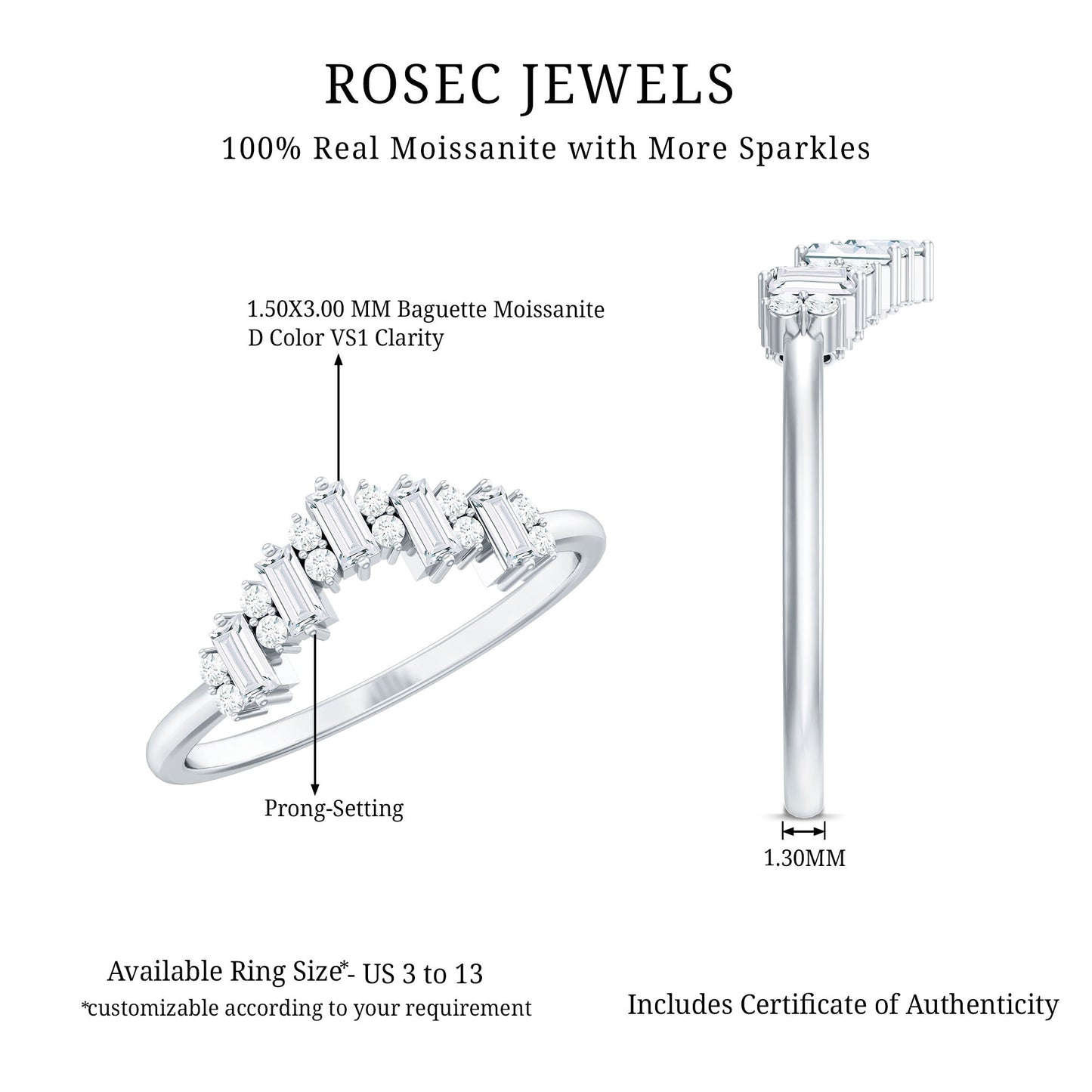 Baguette and Round Cut Moissanite Chevron Stackable Ring