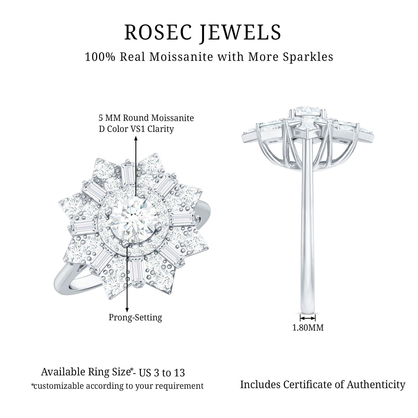 Certified Brilliant Cut Moissanite Cocktail Engagement Ring for Women