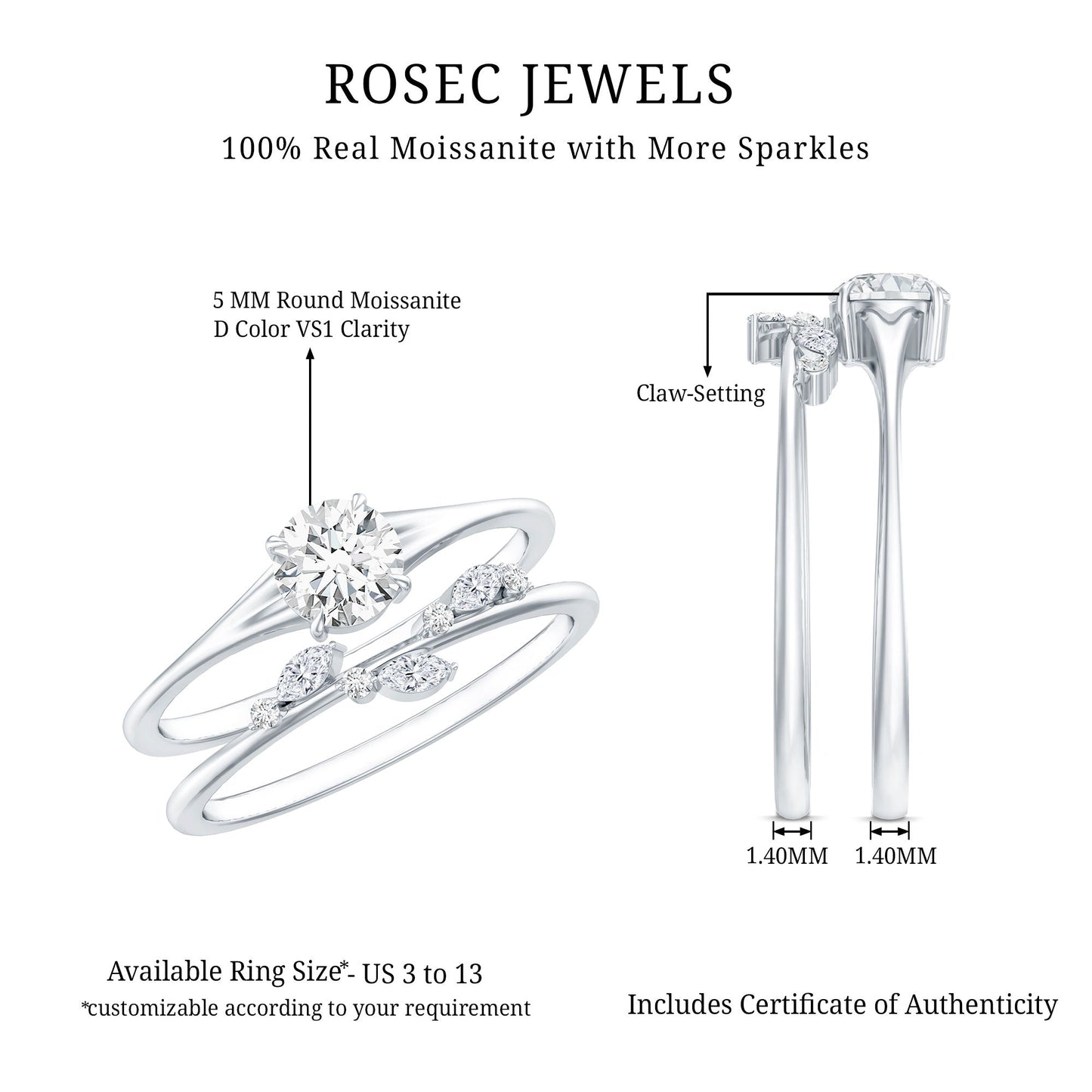 Certified Round Moissanite Modern Wedding Ring Set