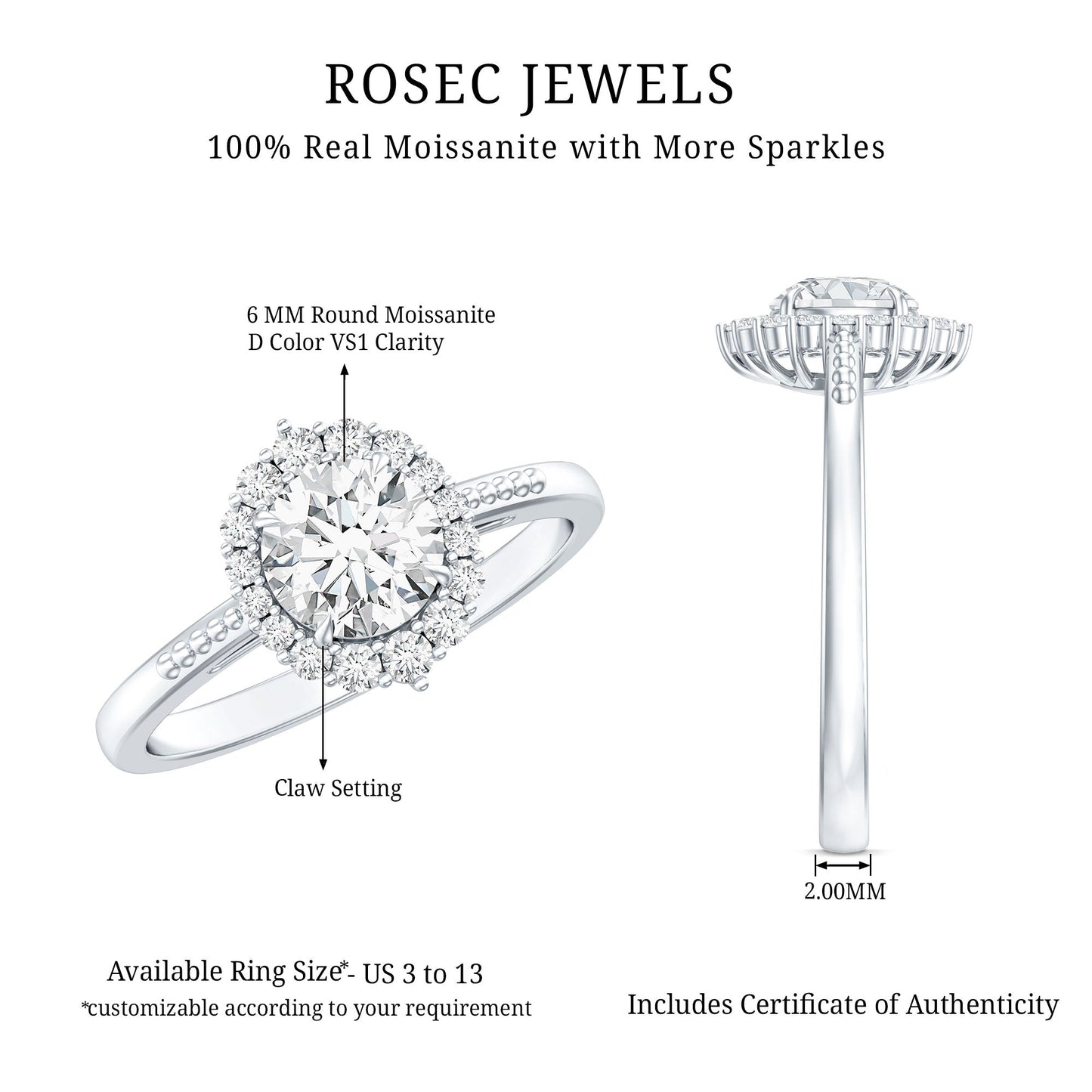 Certified Moissanite Halo Engagement Ring for Women