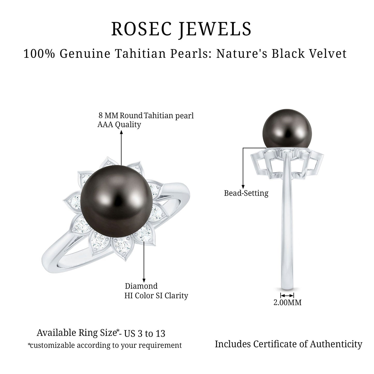 Tahitian Black Pearl Engagement Ring with Diamond Floral Halo