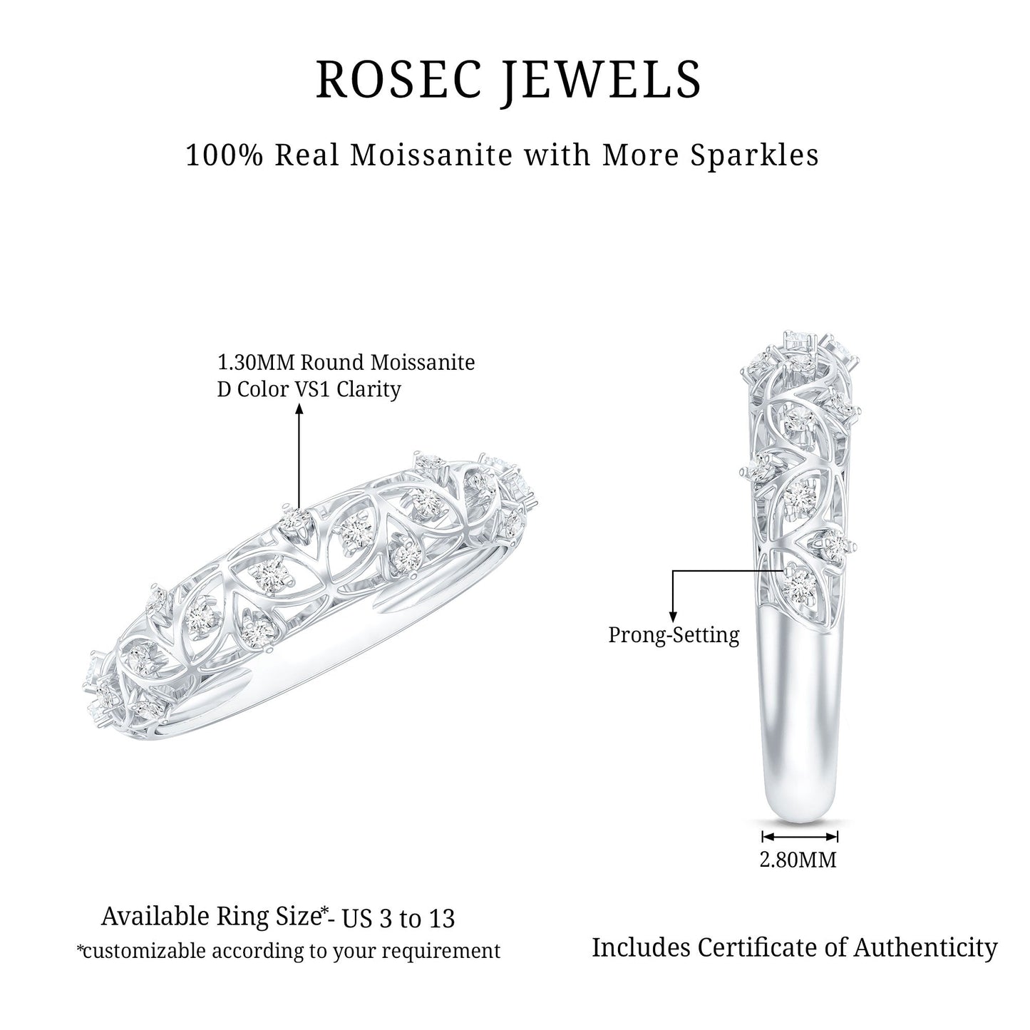 Womens Moissanite Filigree Eternity Band Ring