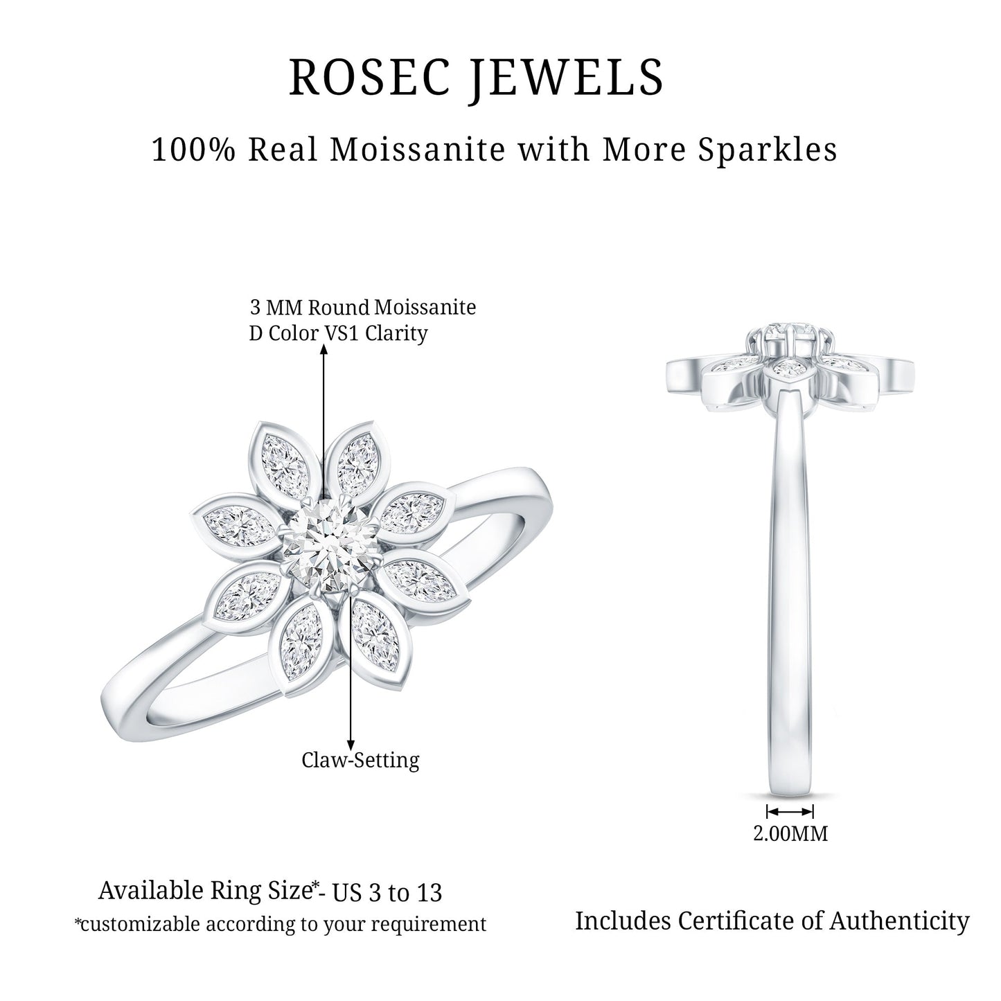 Certified Moissanite Flower Engagement Ring For Her