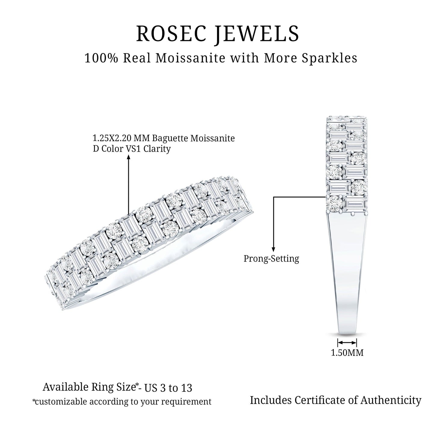 Baguette and Round Certified Moissanite Half Eternity Band Ring