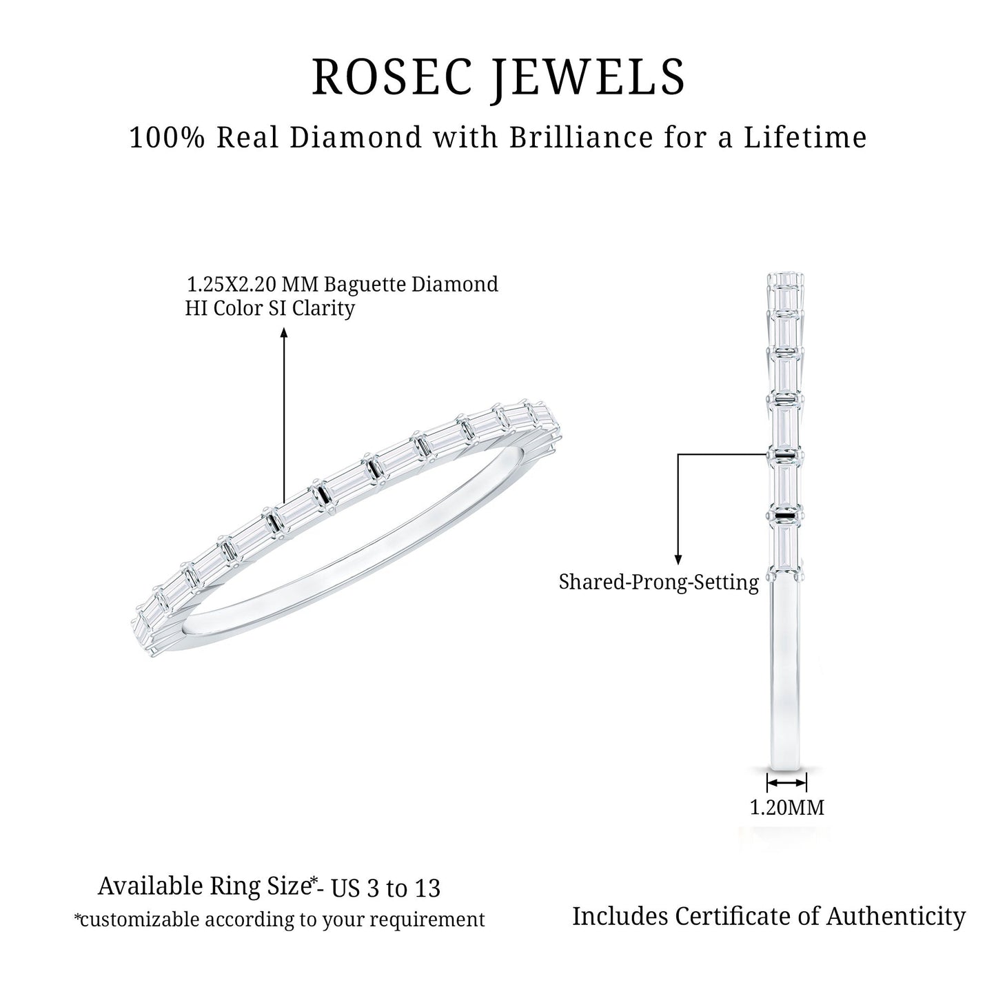 Baguette Cut Diamond Stackable Ring in Shared Prong Setting