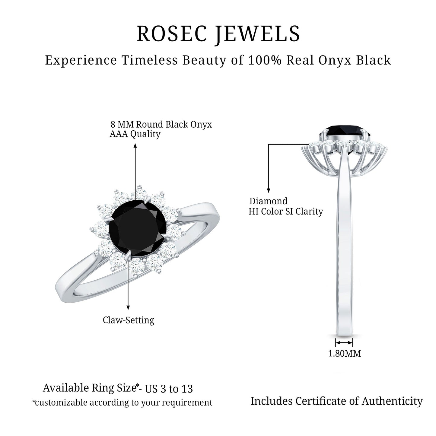 Round Cut Black Onyx and Diamond Engagement Ring For Women