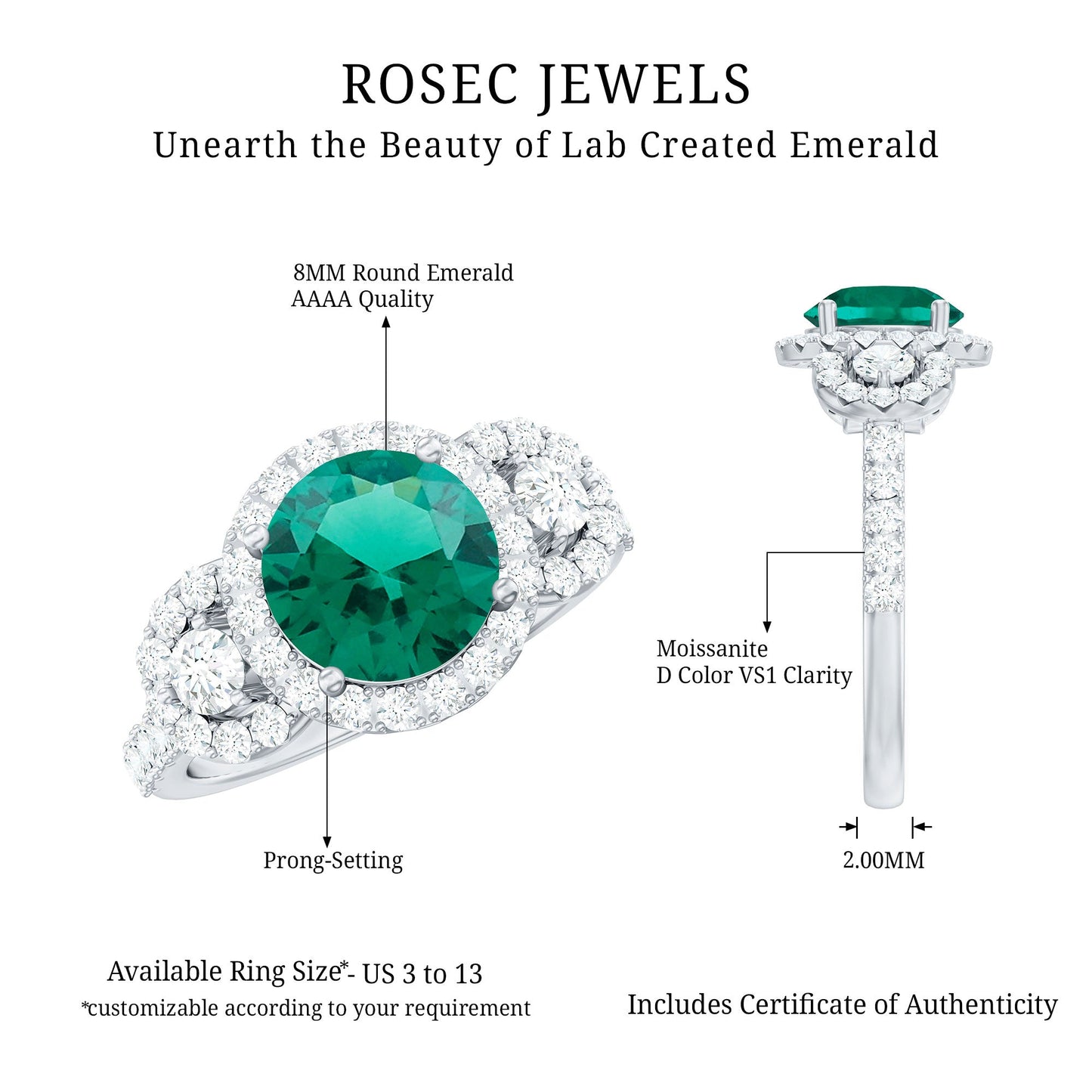 Certified 2 Carat Lab Grown Emerald Vintage Looking Engagement Ring with Moissanite