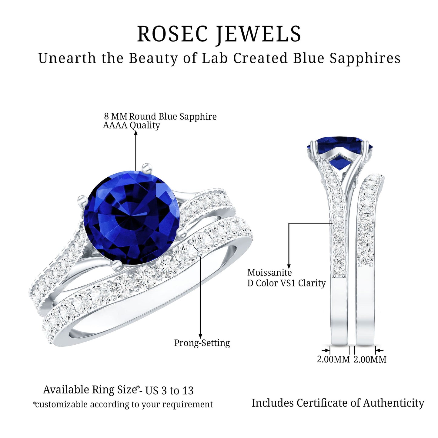 Certified 2.7 Carat Lab Grown Blue Sapphire Engagement Wedding Ring Set with Moissanite