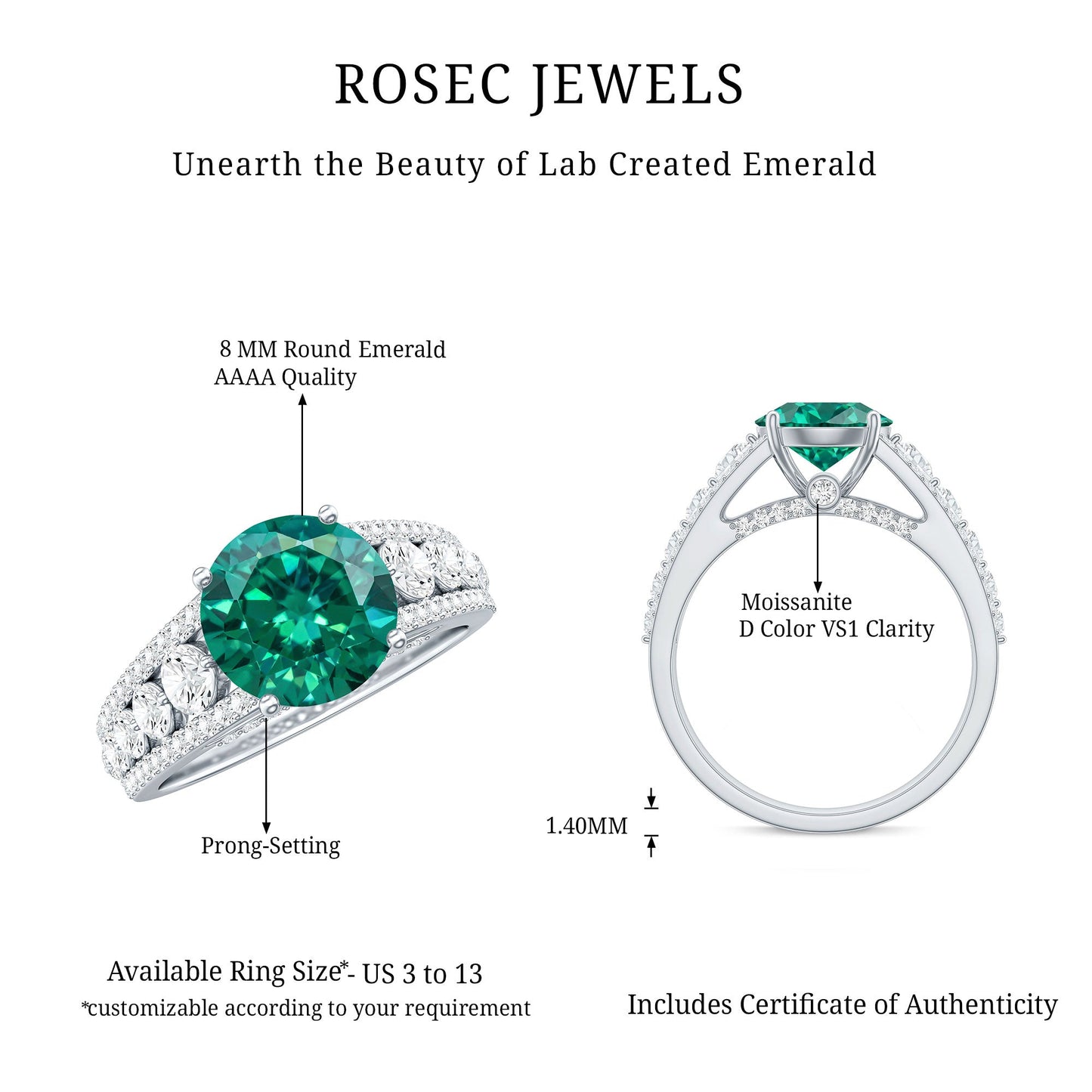 Certified 2 Carat Lab Grown Emerald Statement Engagement Ring with Side Stones