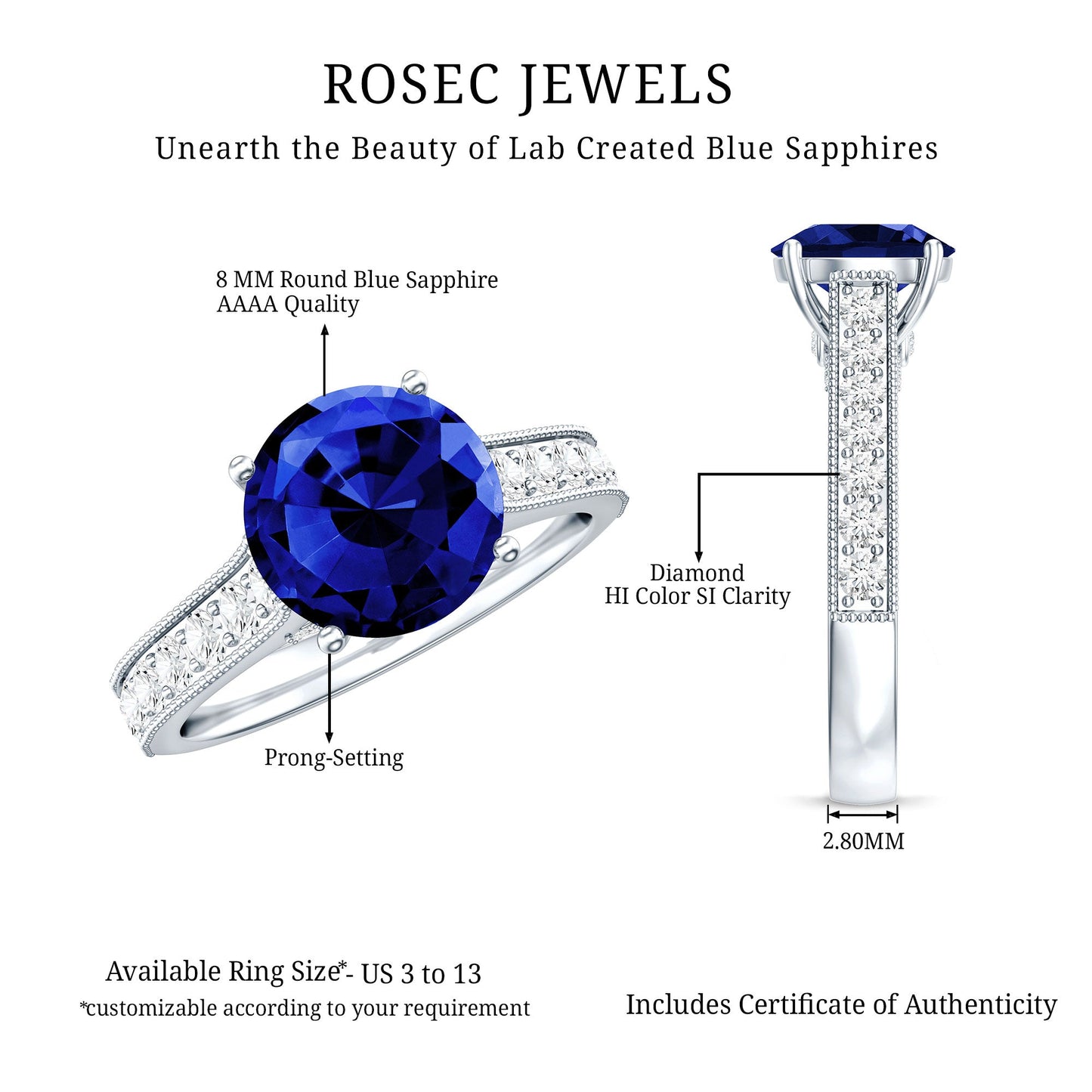Certified 2.7 Carat Lab Grown Blue Sapphire Solitaire Engagement Ring with Diamond