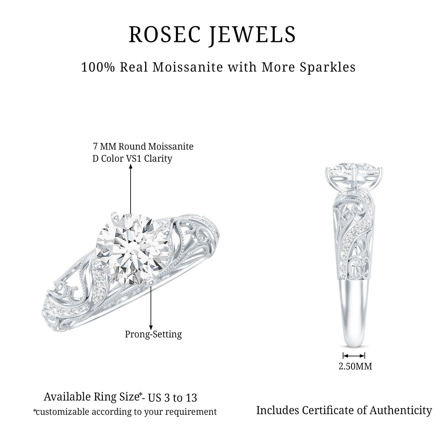 Round Cut Moissanite Vintage Engagement Ring With Diagonal Prongs