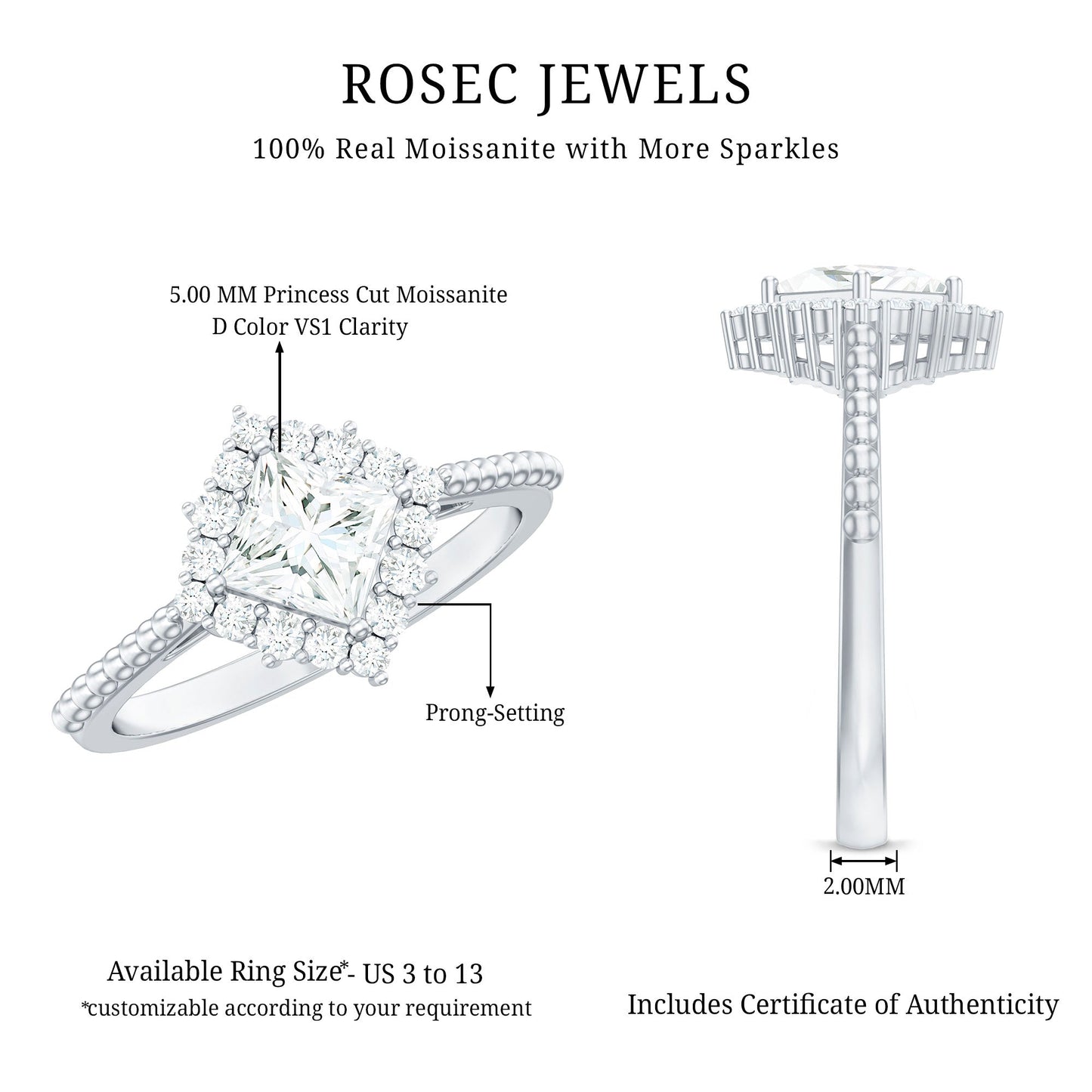 0.7 Carat Princess Cut Moissanite Vintage Inspired Ring
