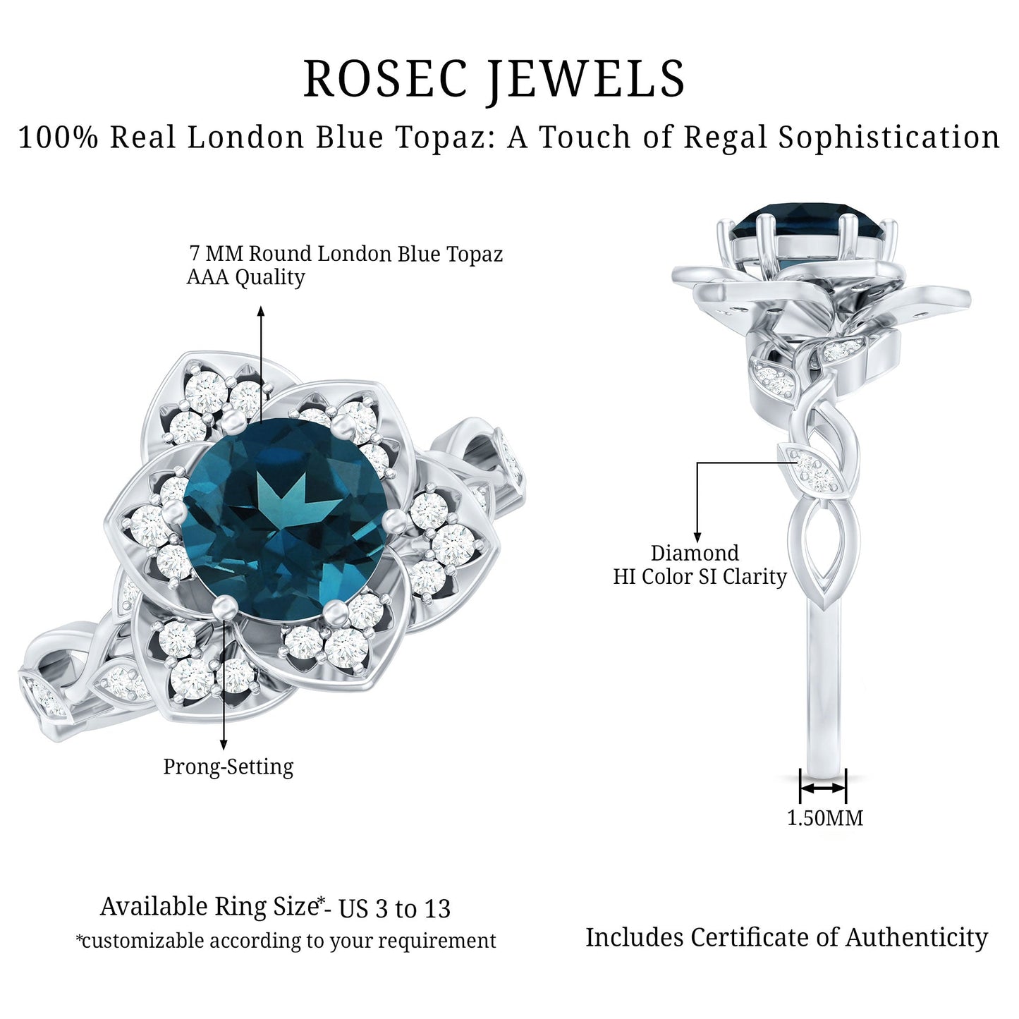 London Blue Topaz and Diamond Cocktail Flower Engagement Ring