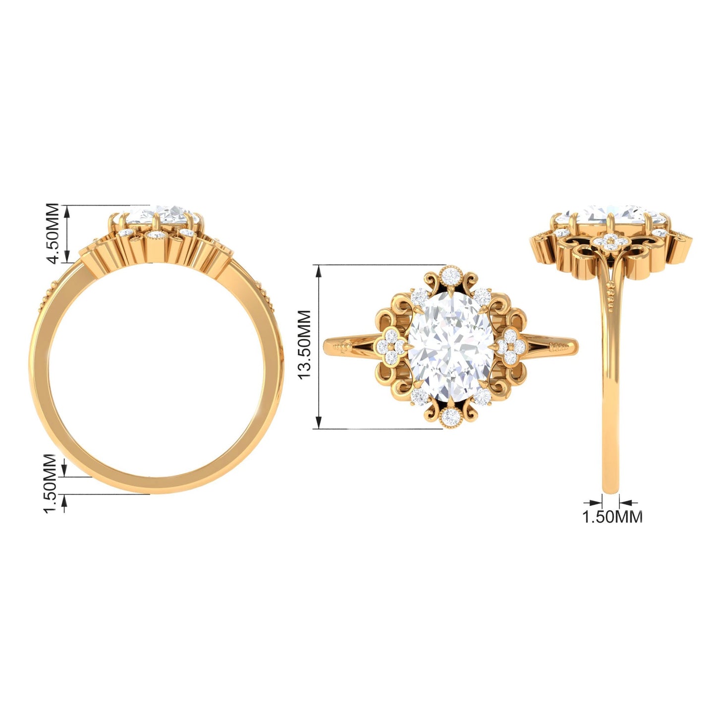 2 Carat Oval Cut Certified Moissanite Vintage Statement Ring