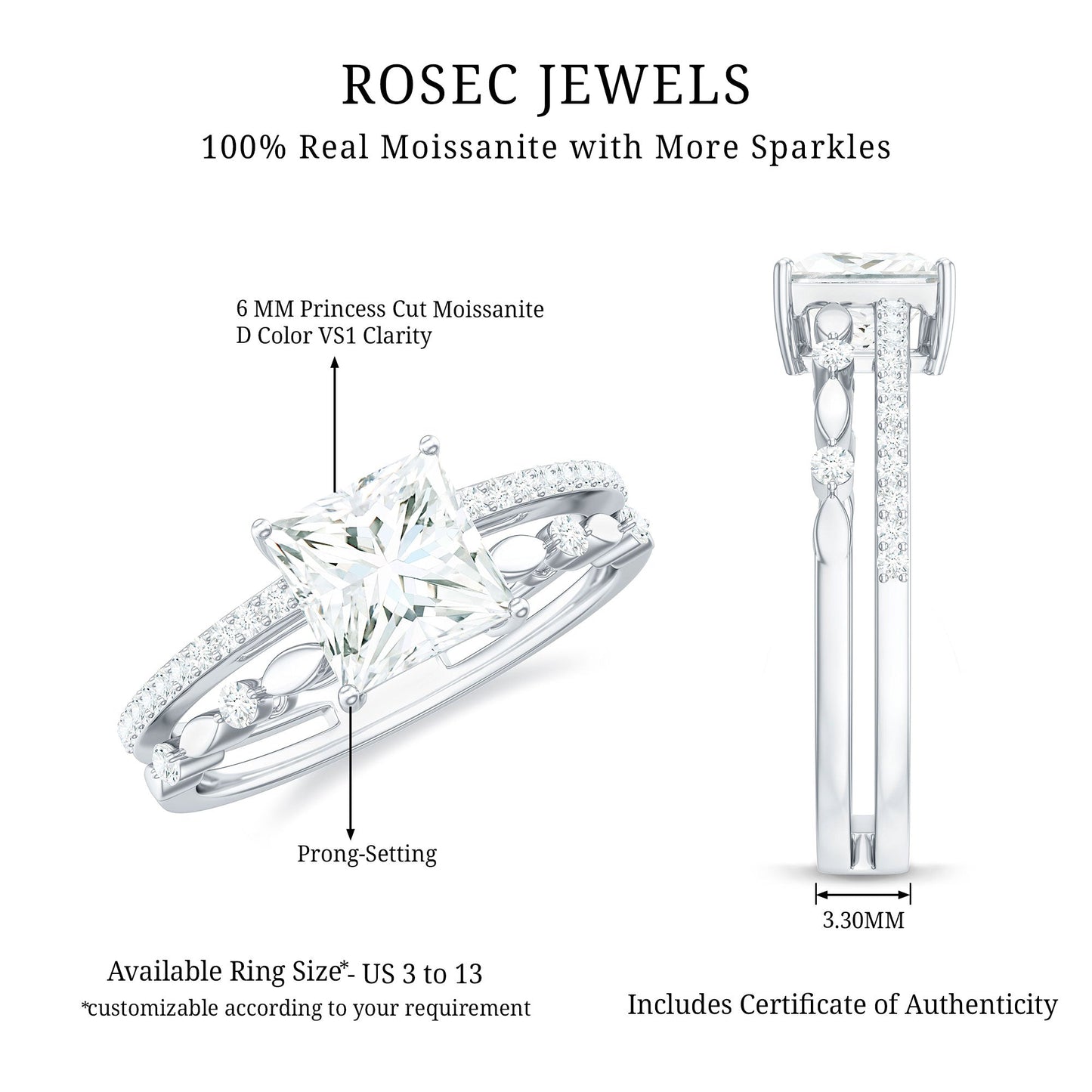 Moissanite Square Cut Engagement Ring With Certificate