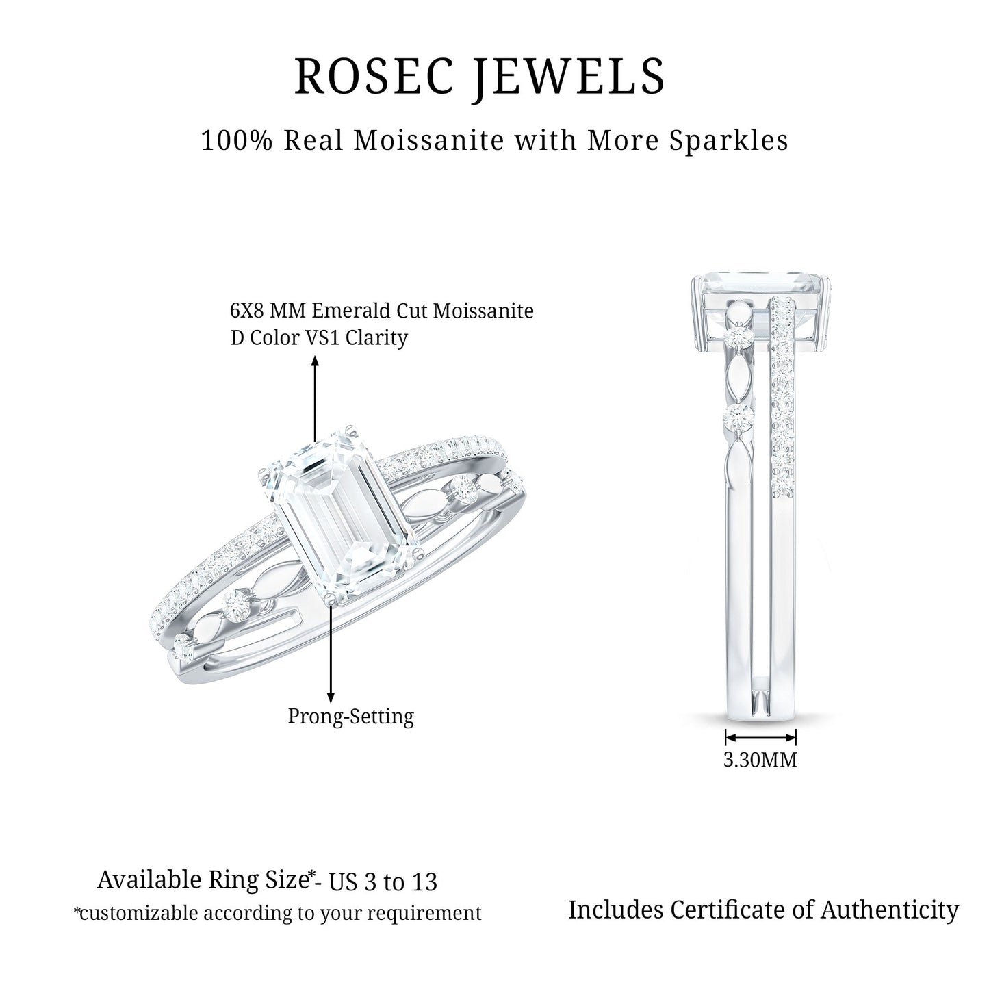 1.8 Carat Emerald Cut Moissanite Solitaire Engagement Double Band Ring