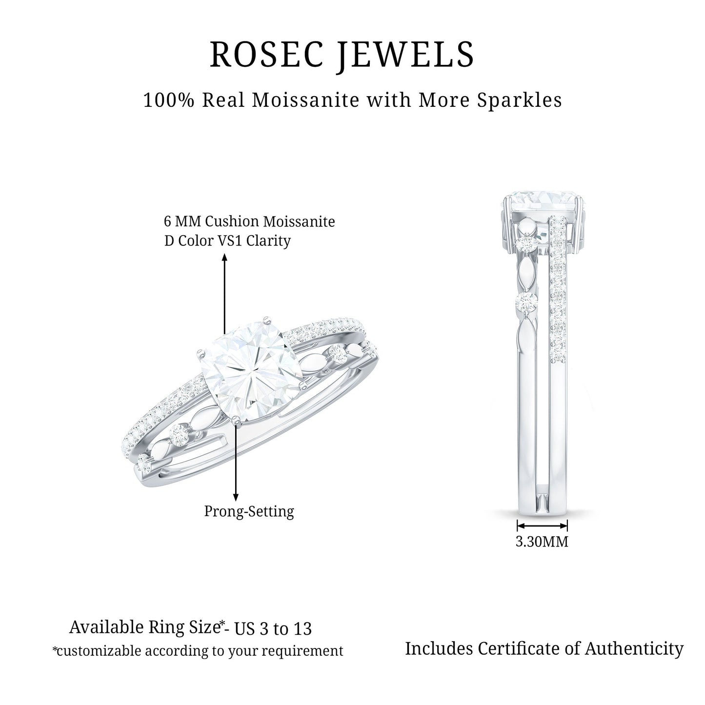 1.7 Carat Cushion Cut Moissanite Solitaire Double Band Engagement Ring
