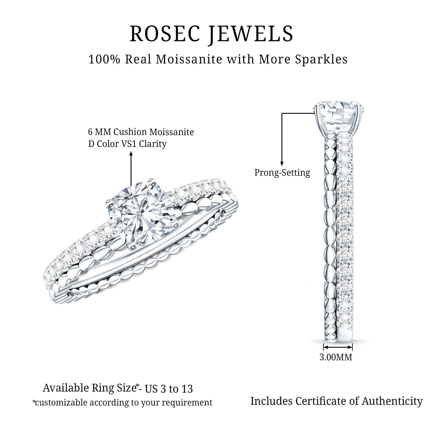 1.7 Carat Certified Cushion Cut Moissanite Solitaire Engagement Ring