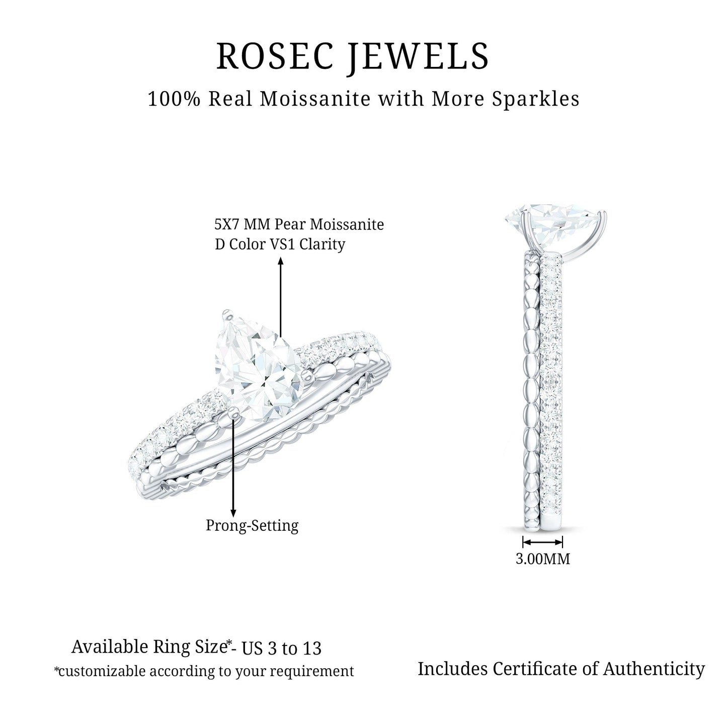 0.7 Carat Pear Cut Moissanite Solitaire Engagement Ring